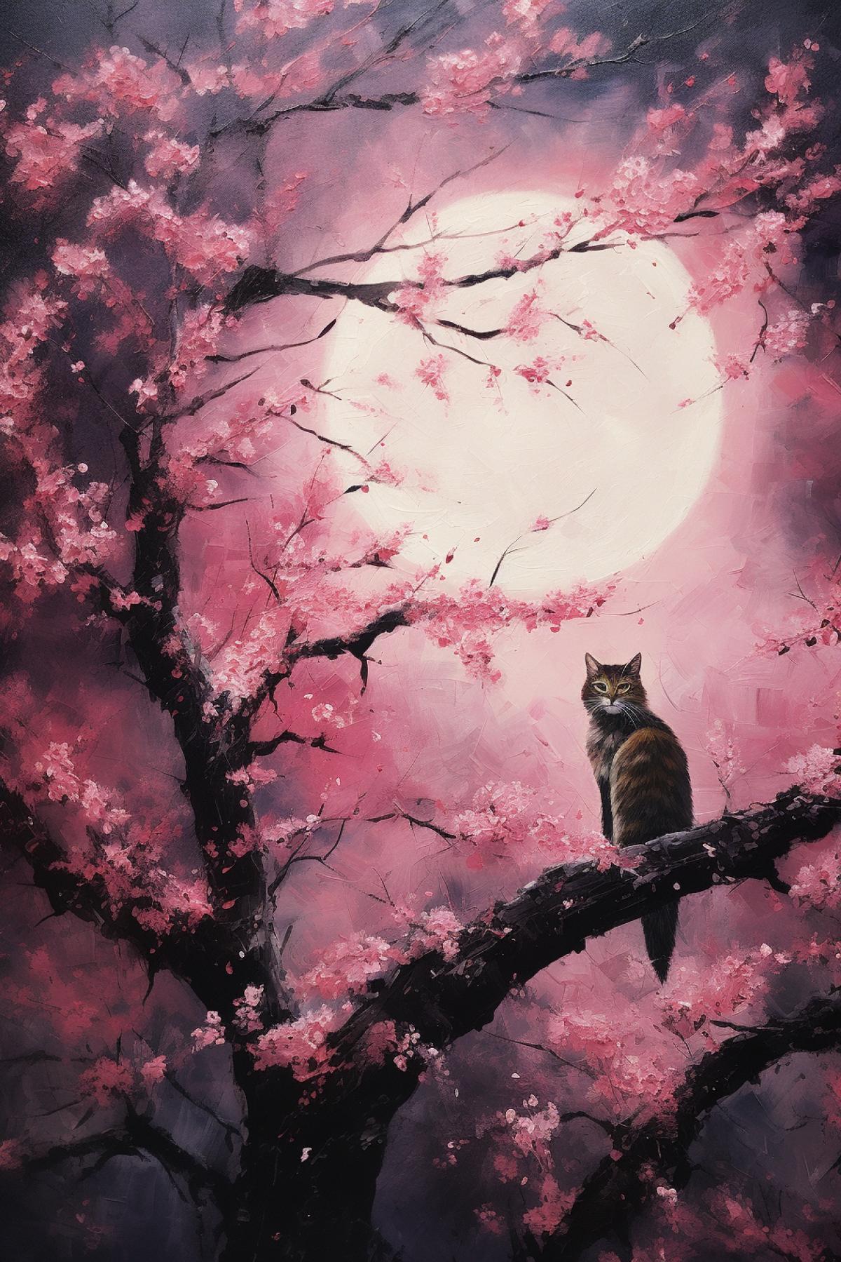 Japanese cherry tree full of cobwebs with cats on the branches, night, moon,