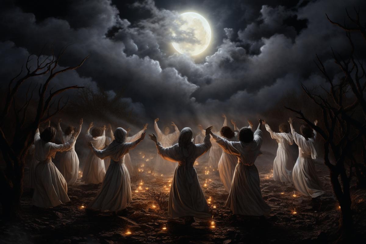 Dance of witches in white shirts in the light of the full moon, full moon, night, mystery, coven, atmospheric, photorealism