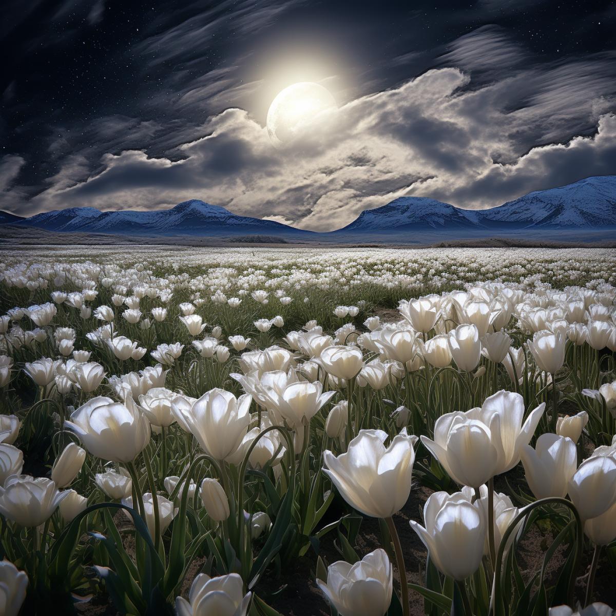 a large field of white tulips blooming under a fool moon