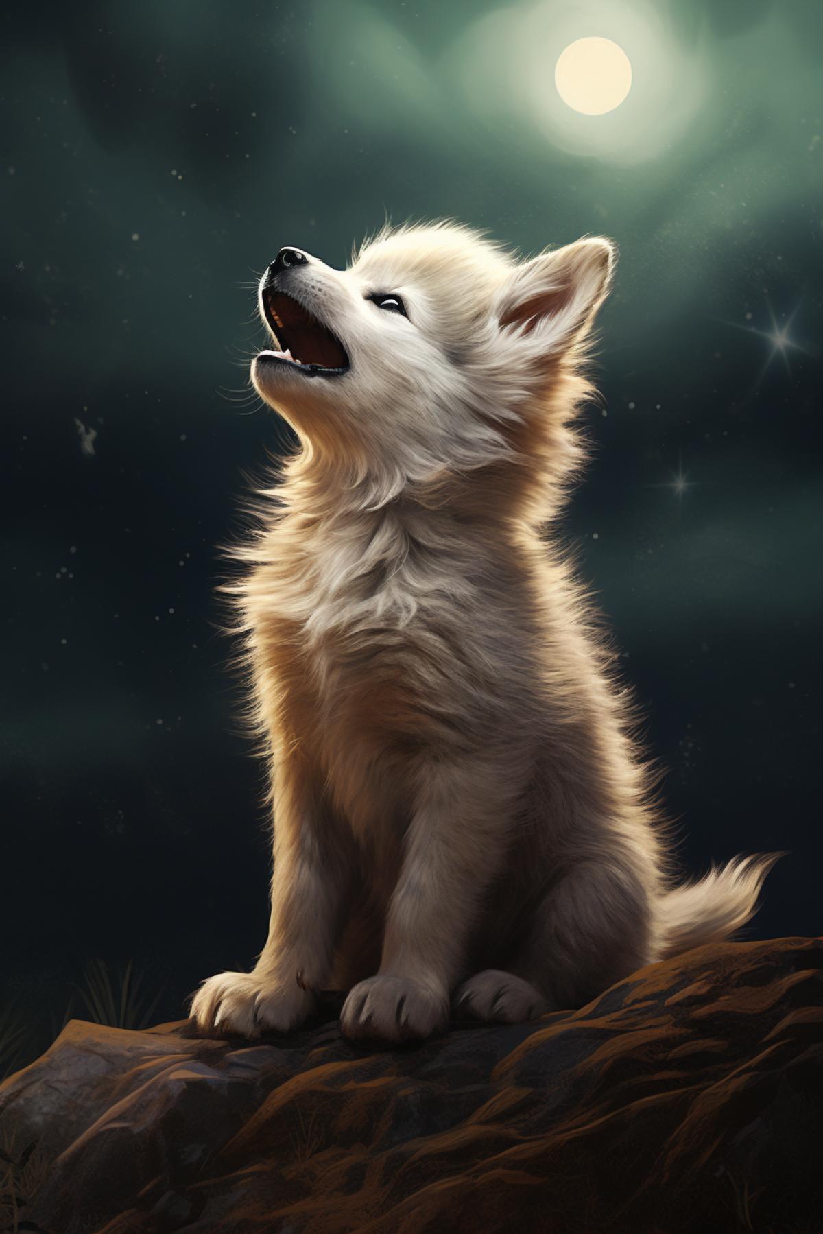 color image of cute wolf pup leaning forward howling at the fool moon