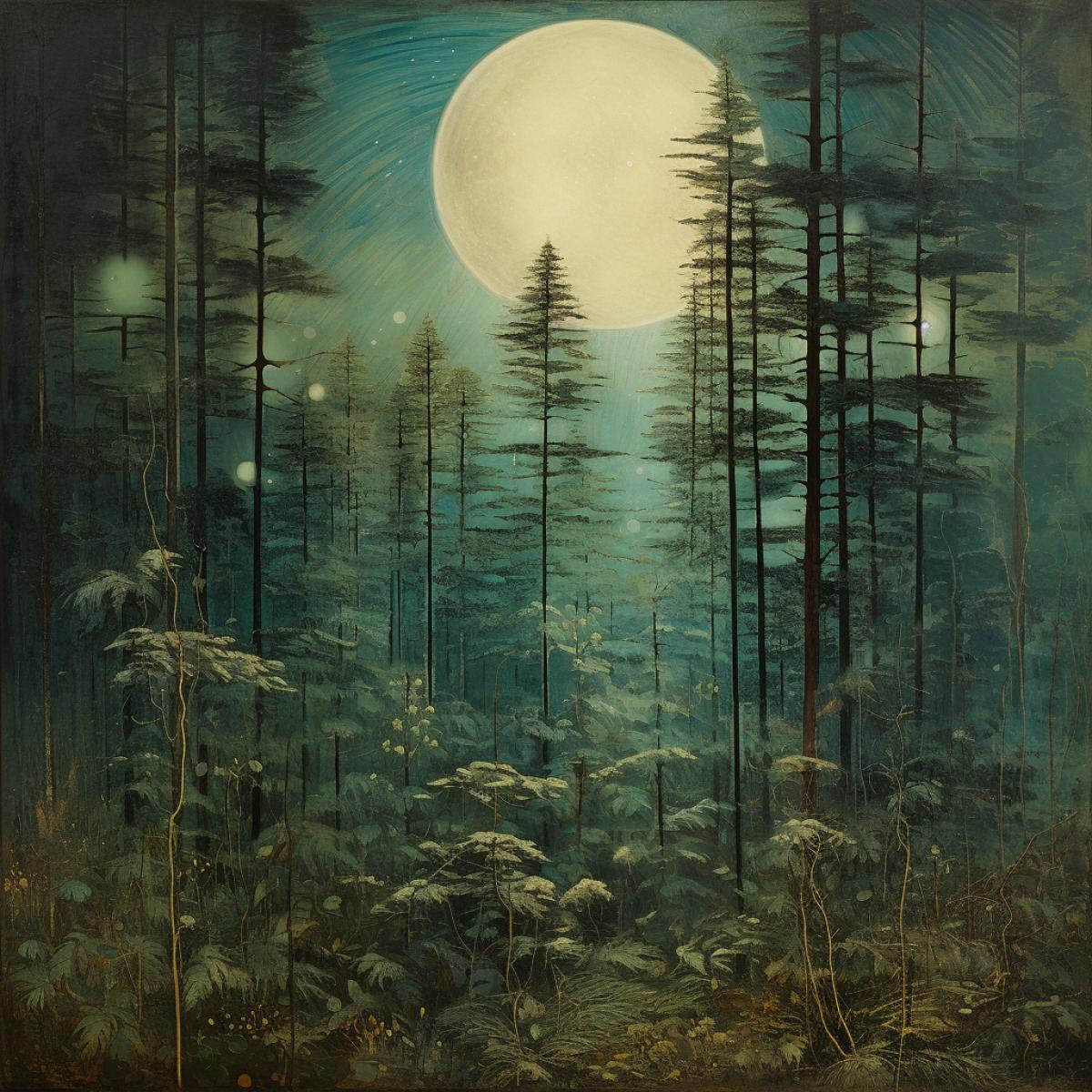 Moon, forest, style Mikalojus Čiurlionis