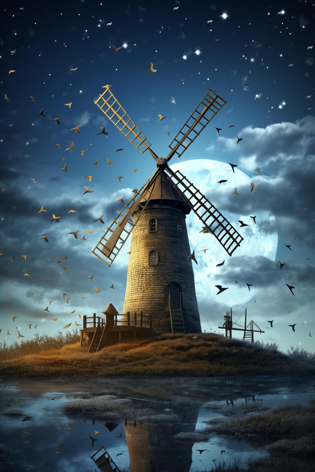 a windmill with bats flying around, fool moon