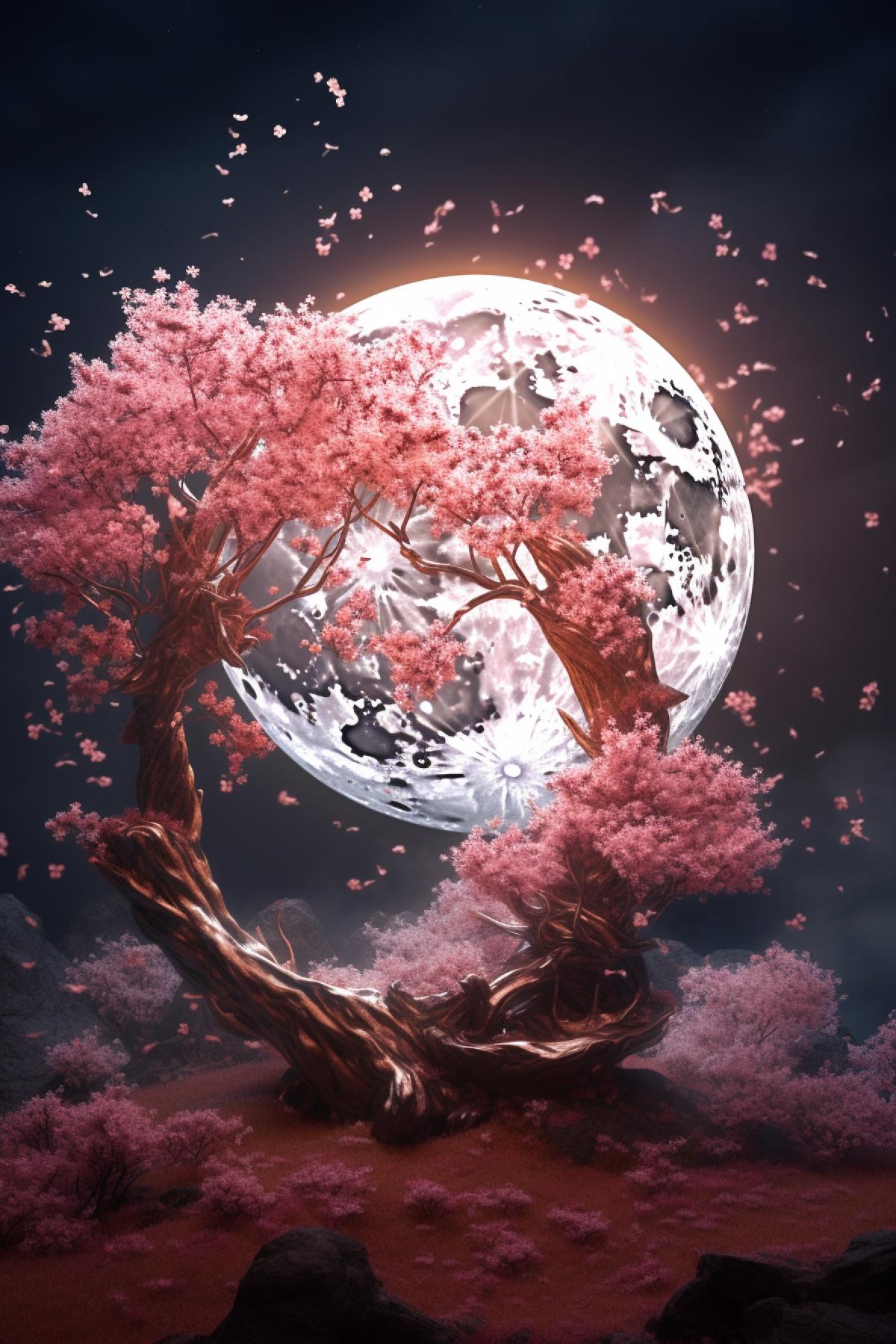 absolutely gorgeous award winning design,moon crescent and Sakura tree, background, dynamic focus, Hyperrealist, photography, 8k, ultra high quality, insanely detailed , perfect shading, beautiful com4k, soft lighting, many particles