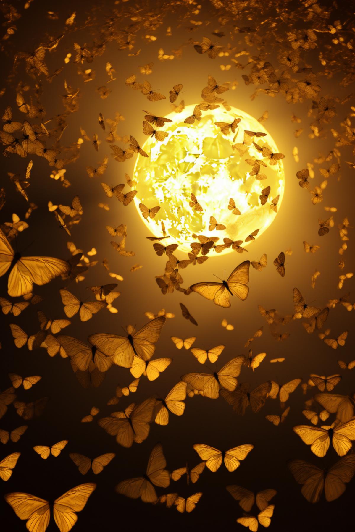 Million moths flying unto enormous yellow moon