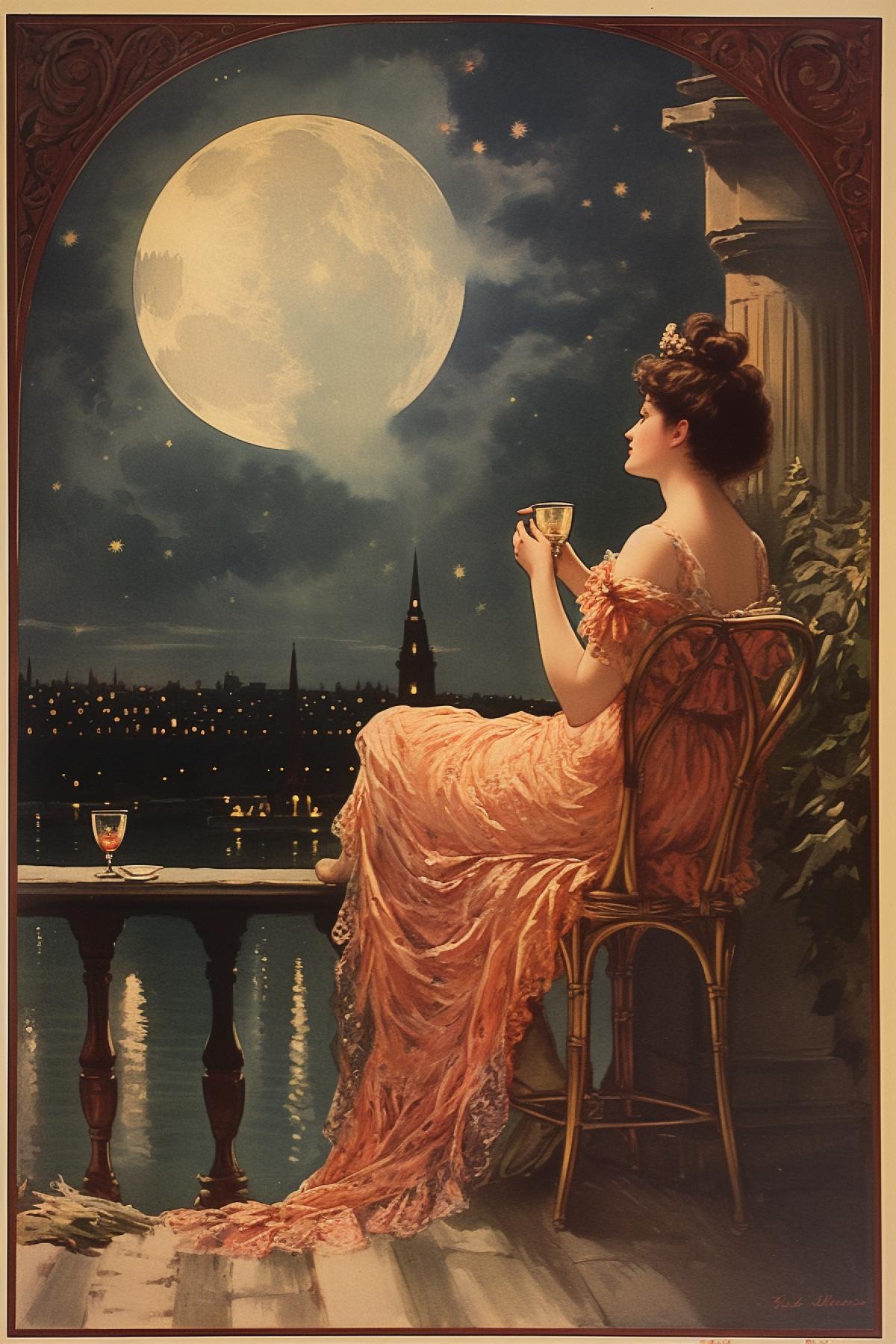 Nineteenth century 25-year-old beautiful lady in Paris the river bank cafe enormous giant moon on the sky