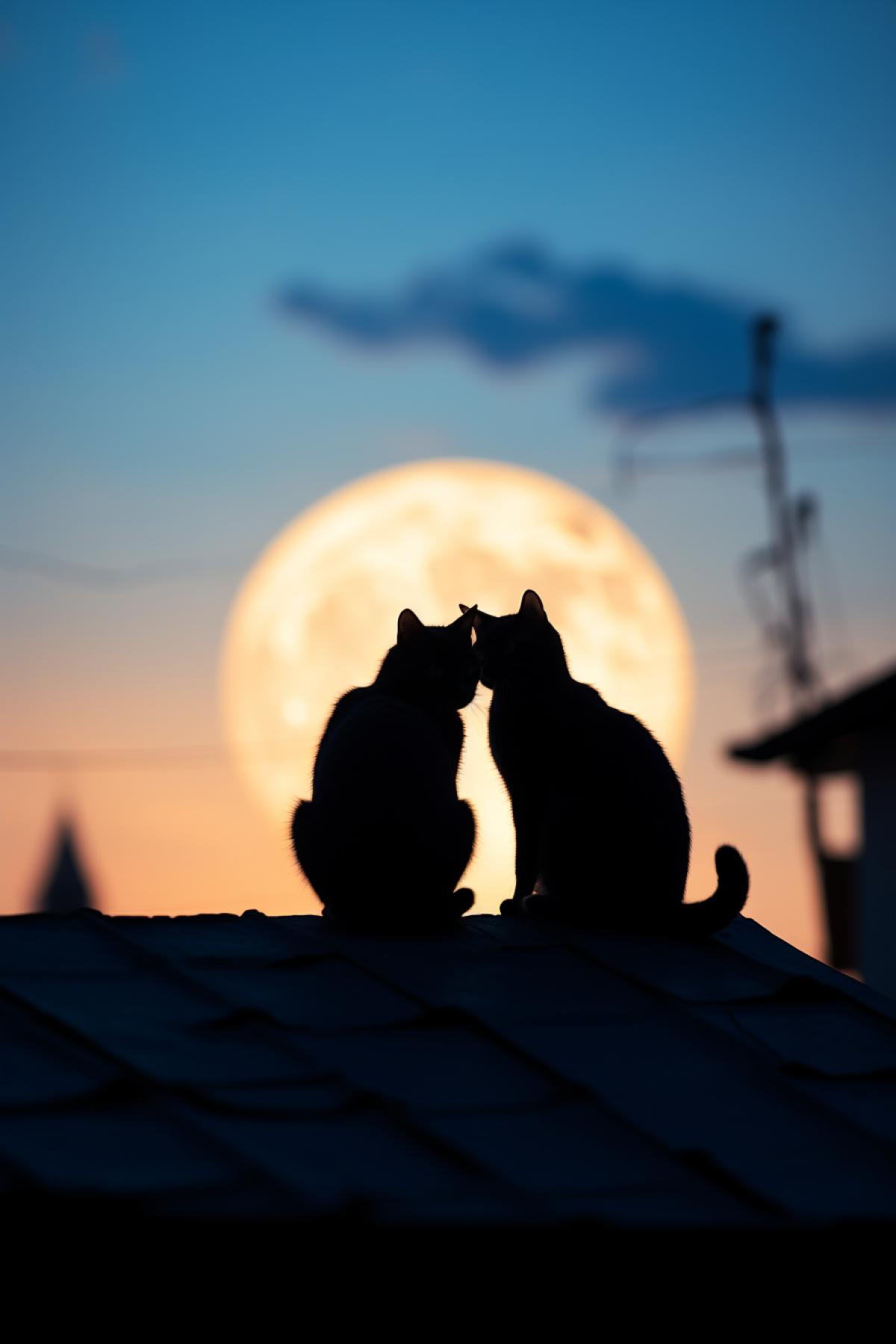 Two cats in love silhouettes on the roof under big enormous giant white moon