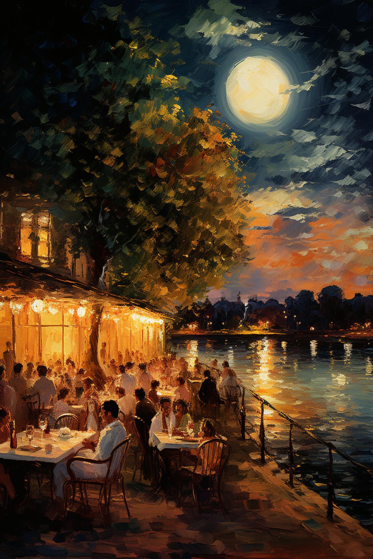 Summer in Parisian cafe river bank many people at night under big enormous moon Renoirs painting