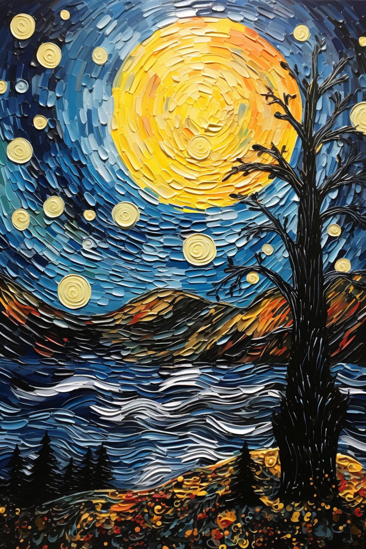 Night skies and enormous moon on style of van Goghs painting