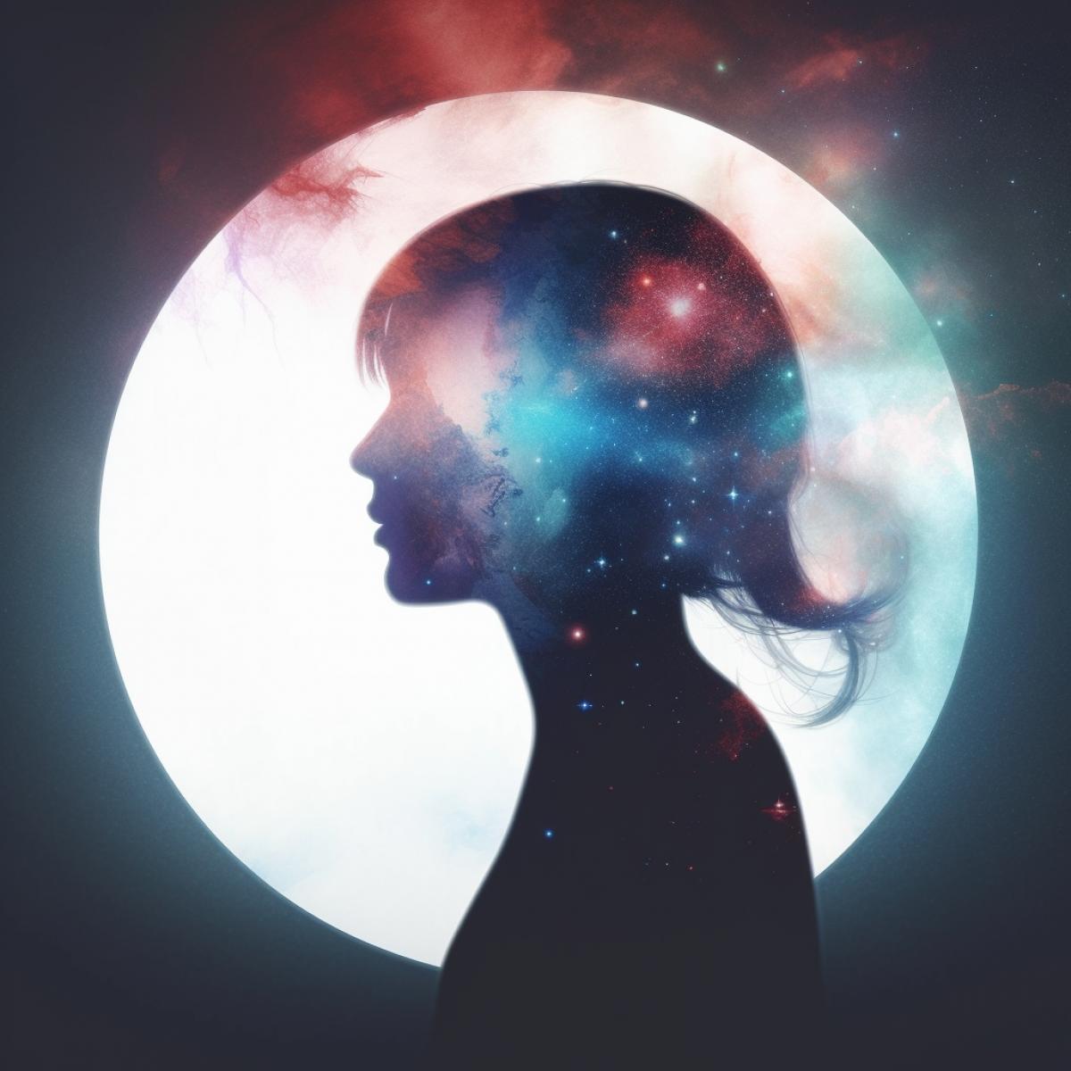 Create a surreal coloured double exposure photo of a woman silhouette and moon in outer space. The background should be minimalistic and white
