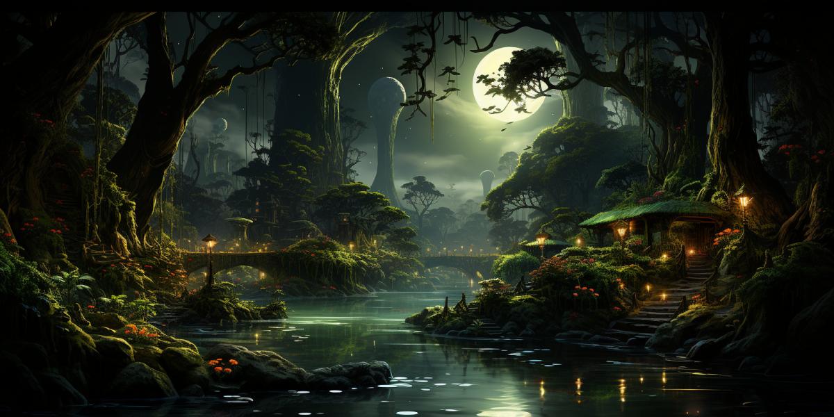 Dense forest at night, moonlight piercing through the canopy, a sense of enchantment, mythical creature gracefully walking through the moonlit path, bioluminescent plants illuminating the surroundings, vines and roots intertwined with wires and circuitry, a harmonious fusion of nature and technology, an ethereal color palette with soft greens and glowing blues, expertly com4kd with the moon 4ked centrally to emphasize the creatures presence, in the style of Pans Labyrinth.