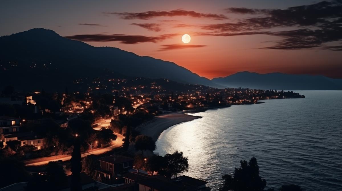 Twilight hour, midnight, dark mode background, eclipse in the sky over a seaside town, dark and white, cinematic