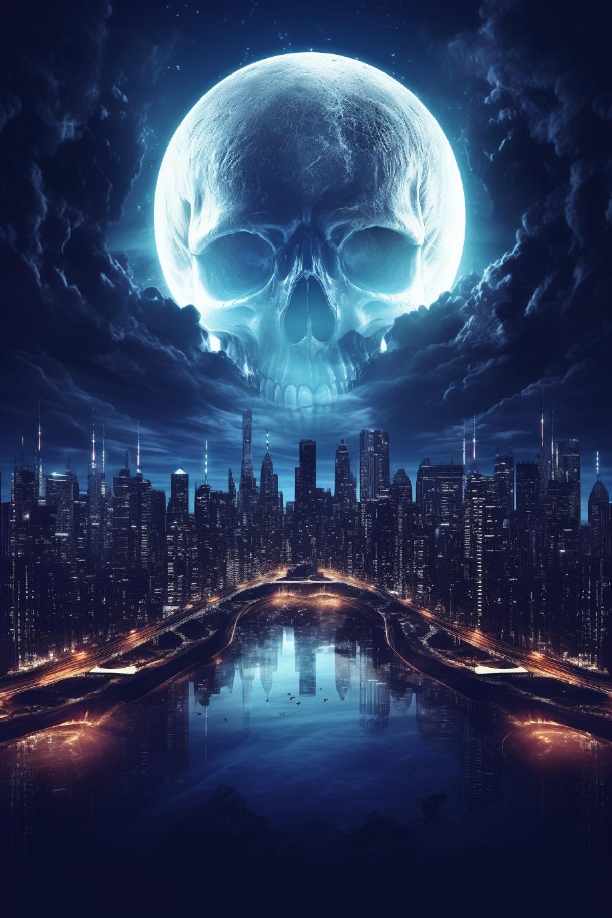 Night megapolis over which the full moon in the form of a skull glows, photorealistic