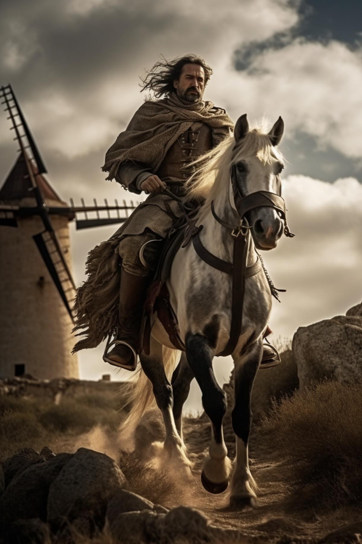 Medieval knight don Quixote de la mancha wearing armour epic 4k riding the rocinante horse fighting against the windmill photo quality
