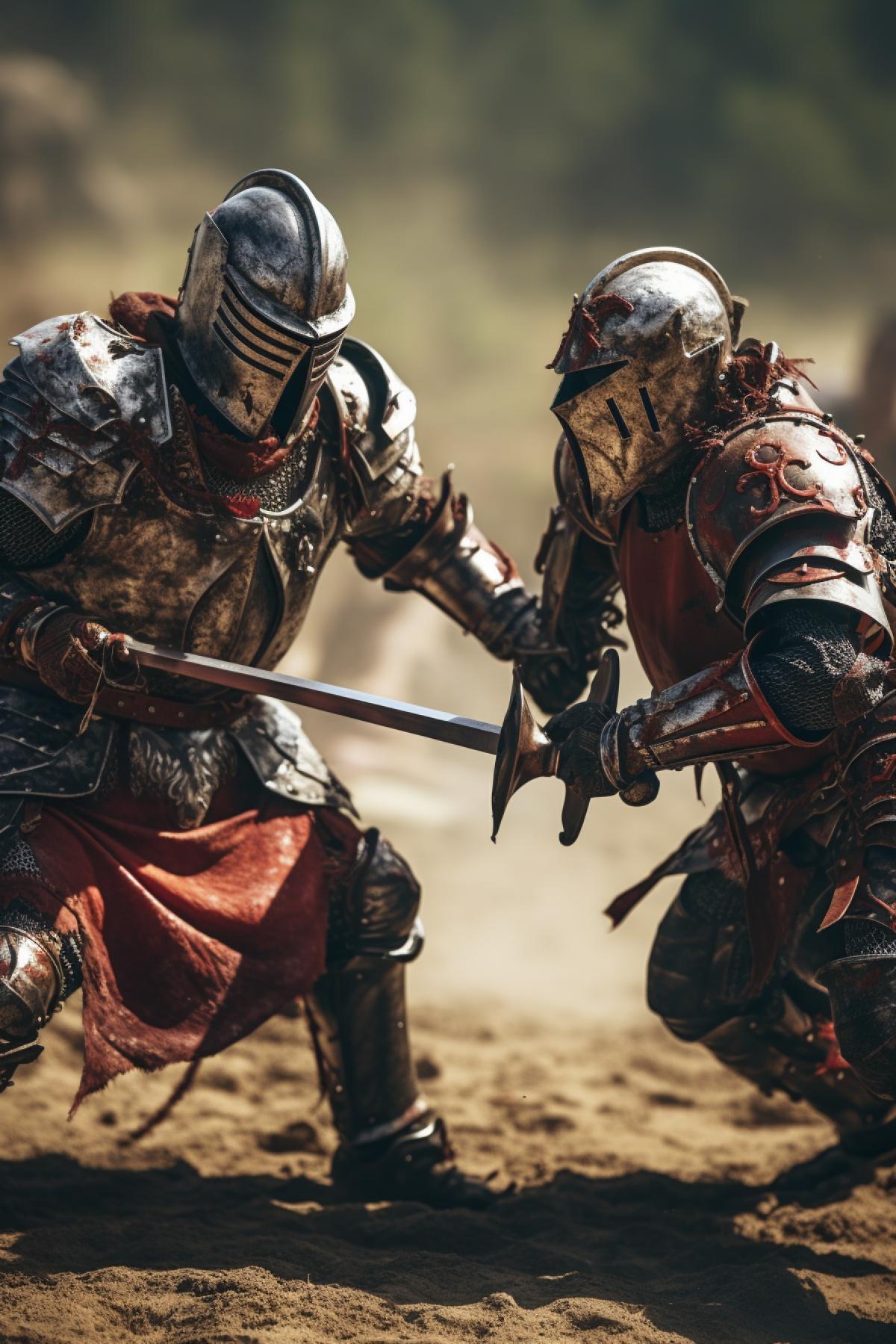 Tournament of two medieval knights wearing iron armour clothes fighting against each other