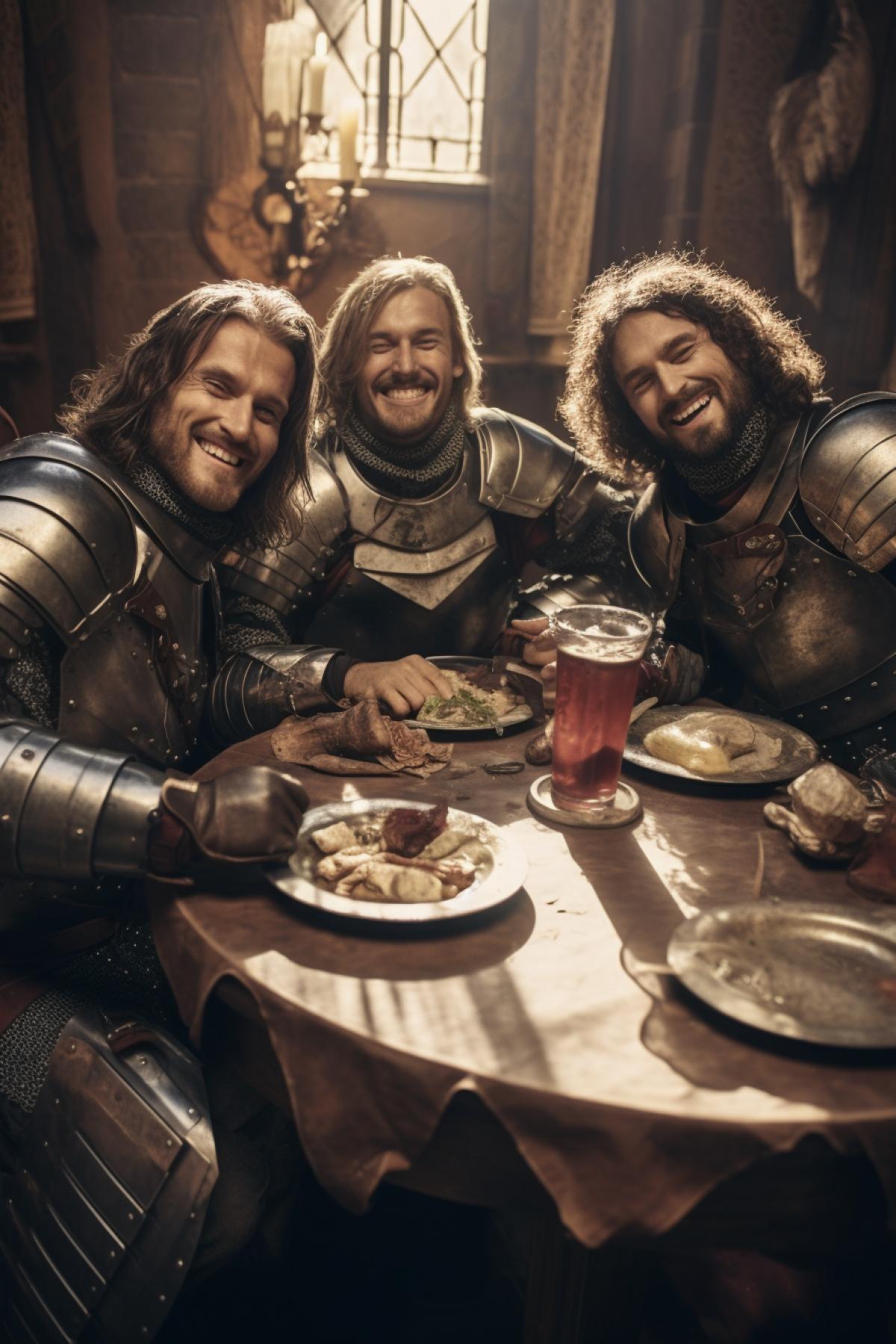 Medieval knights having wine break at round table smiling tired happy