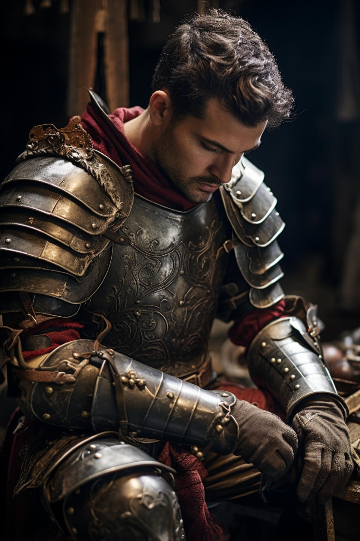 Medieval knight putting on his armour