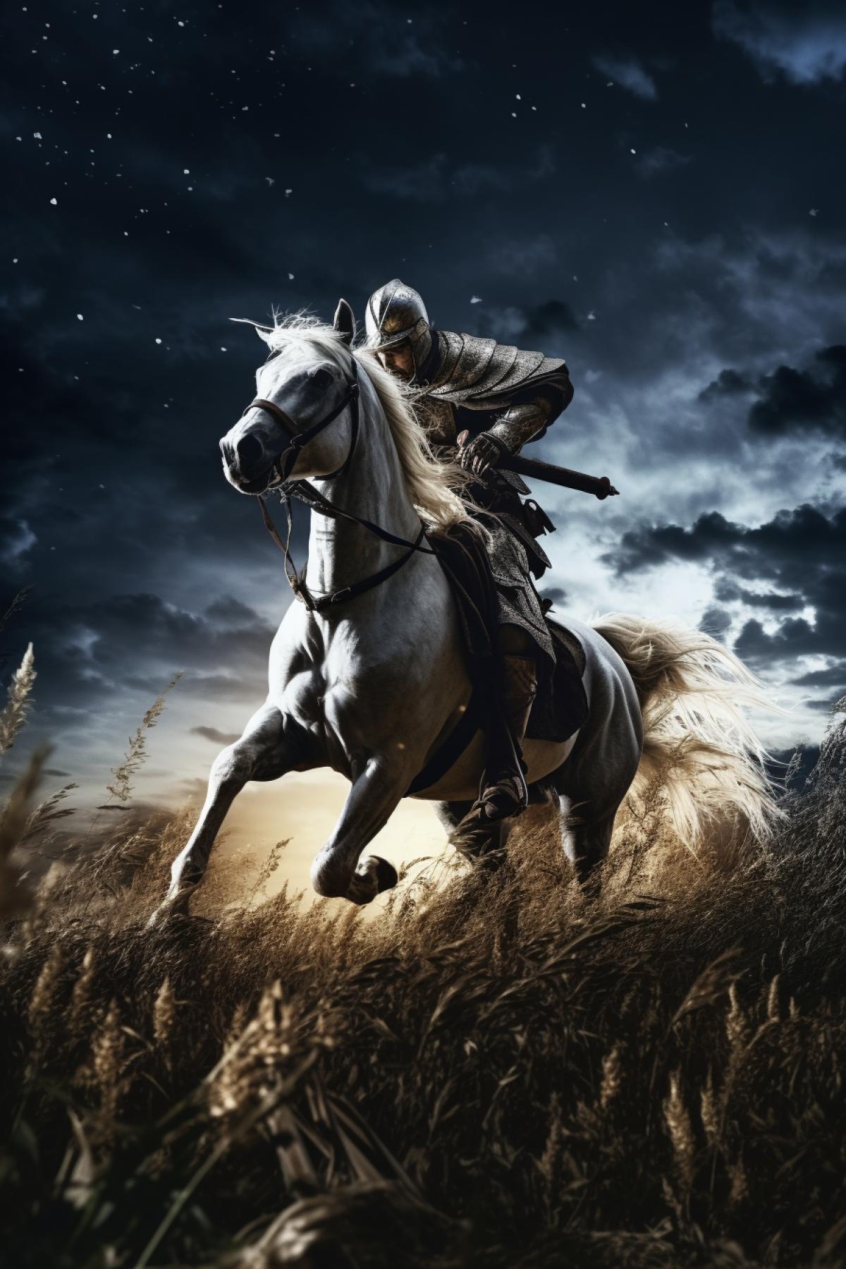 Medieval knight galloping the horse along the field in the night under moonlight epic 4k wind rush dynamics