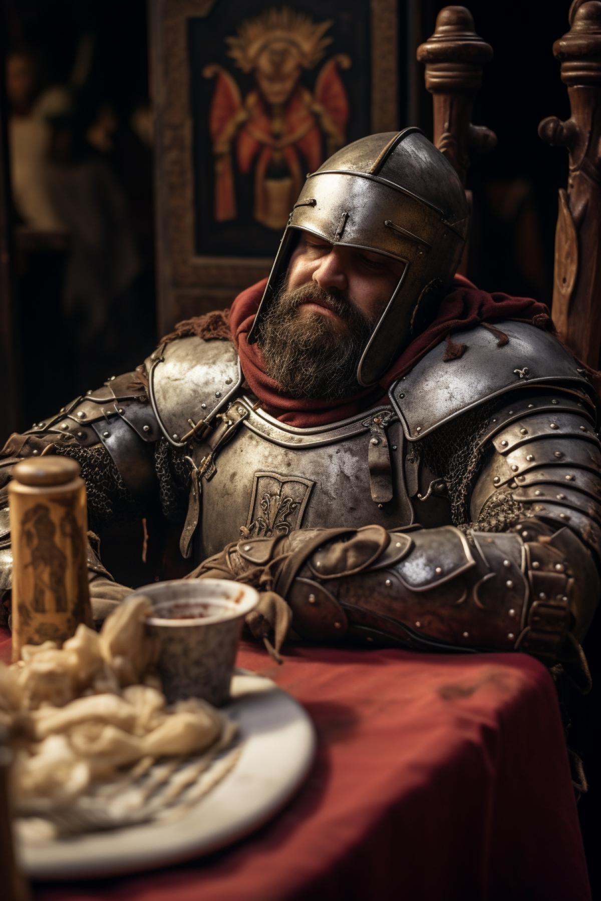 The medieval knight at the table in the morning hangover sad exhausted face