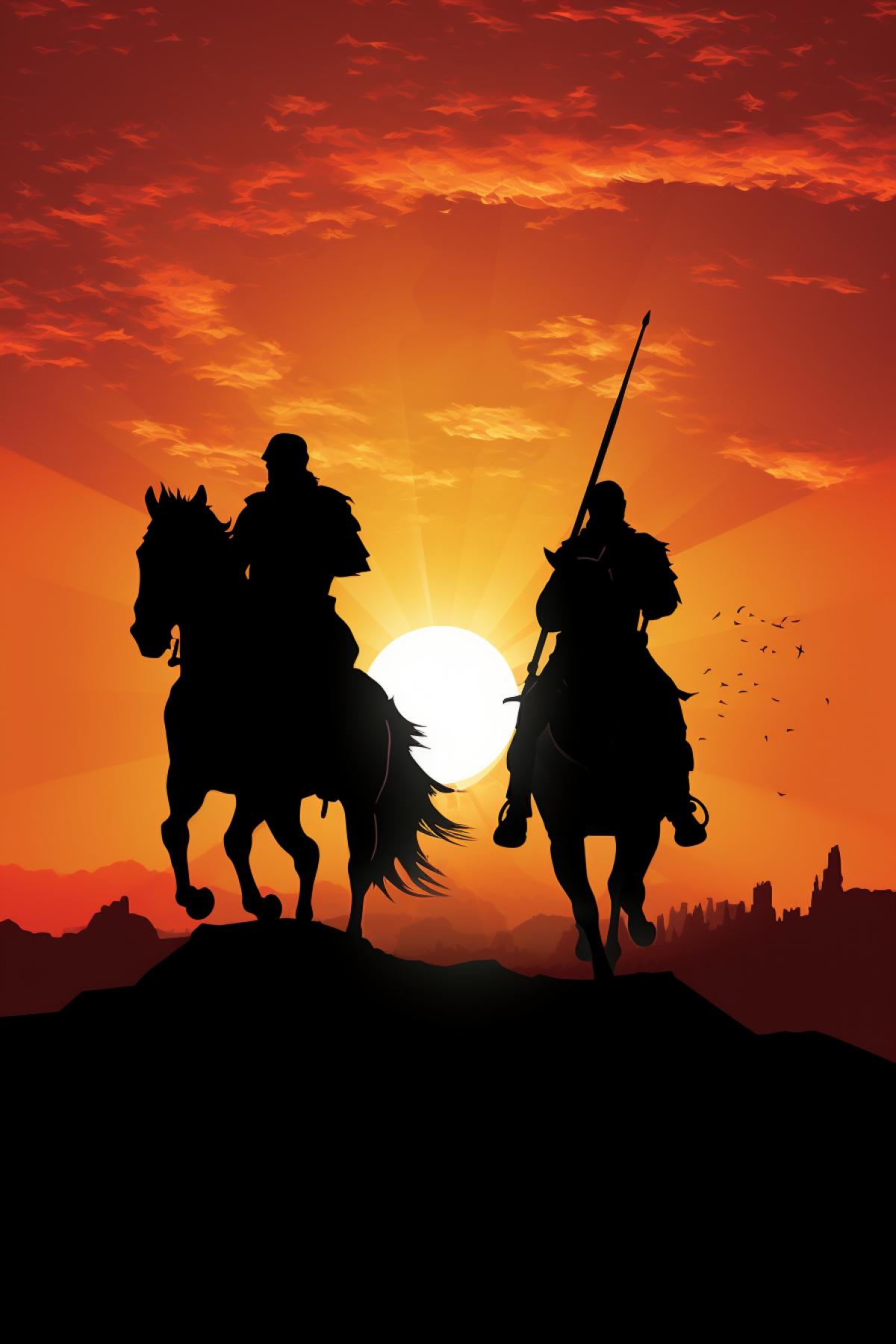 Silhouettes of two medieval knights galloping horses into each other on the background of giant enormous rising sun