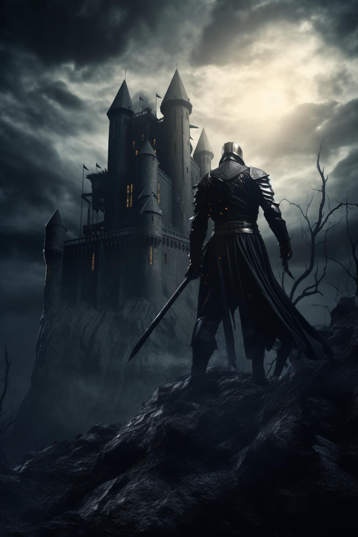 The knight attacking old massive gloomy medieval castle
