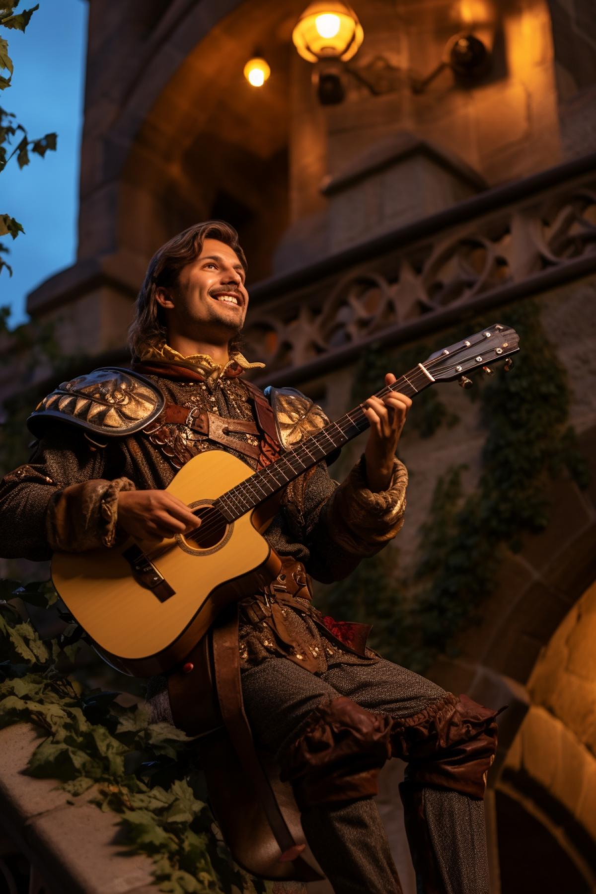 Medieval knight playing mandolin singing serenade standing right under the castle balcony late evening looking up with love