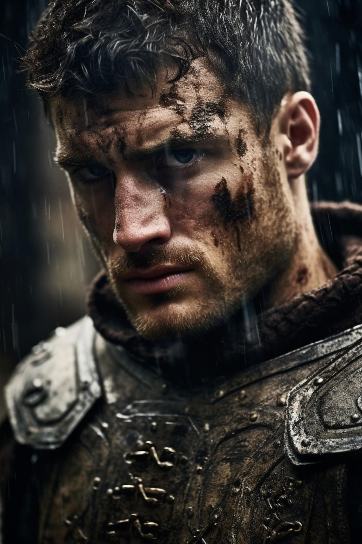 The half-profile face of medieval Knight sophisticated determined tough windows drops of sweat sharp focus portrait