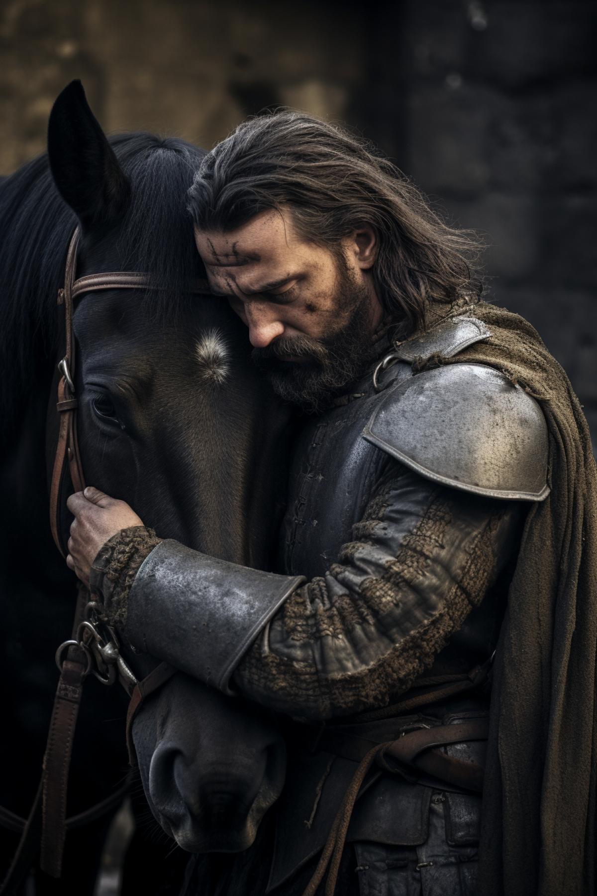 Medieval knight hugging his tired dark horse after the fight exhausted determined