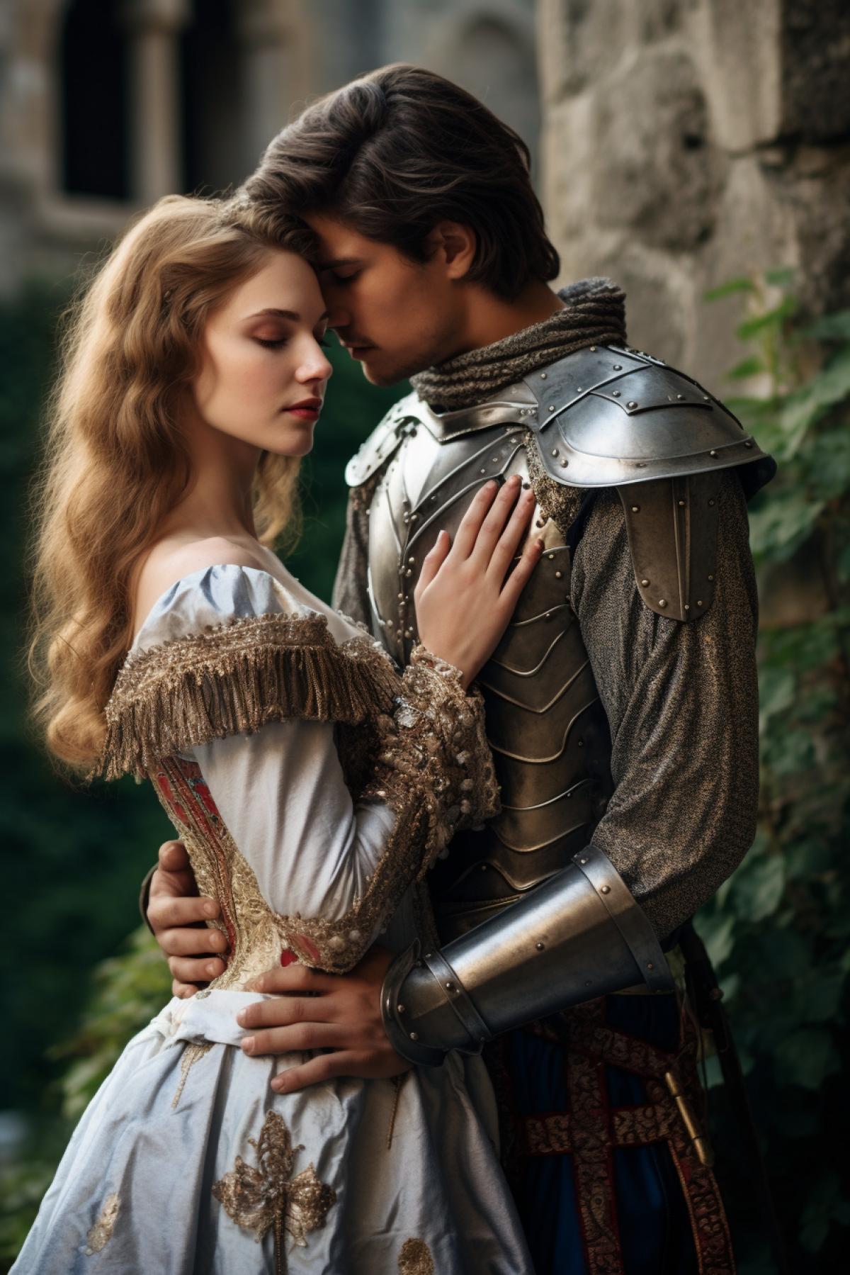 Medieval knight love with beautiful lady on the background of medieval castle garden