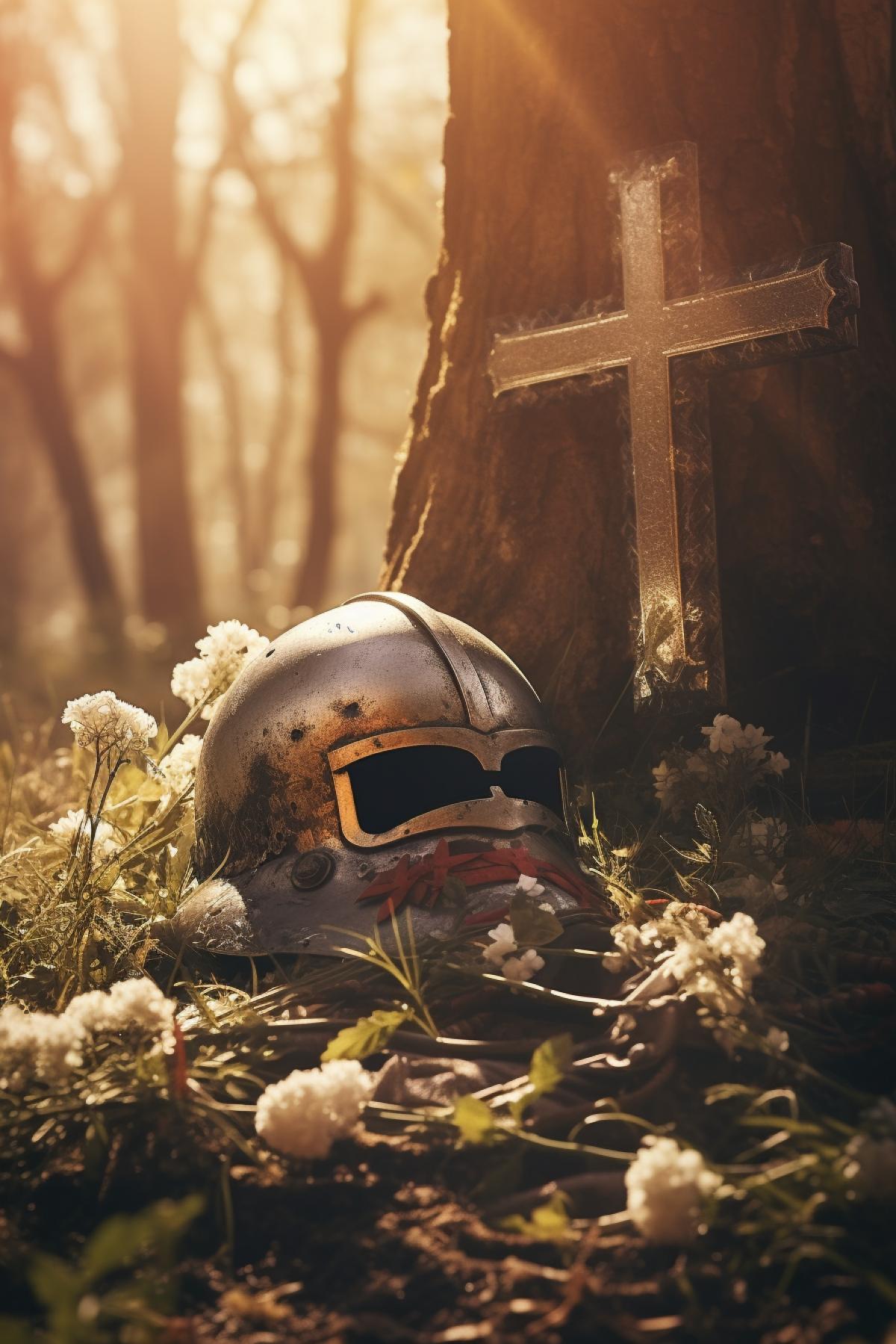 Grave tomb with cross of the medieval knight iron helmet and flowers sun rays shine through the trees branches sad mood