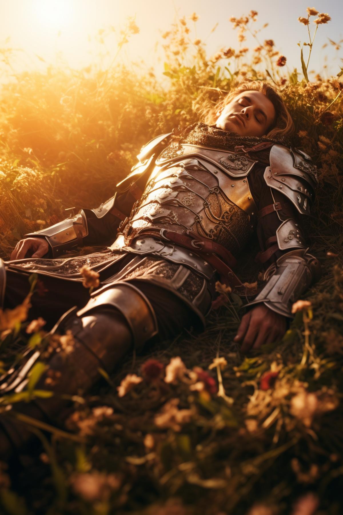 Manly medieval knight lying ed in a flowering meadow with arrows stuck in his armor, top view, full-length body with separation, contrasting lighting of the setting sun, sharp focus