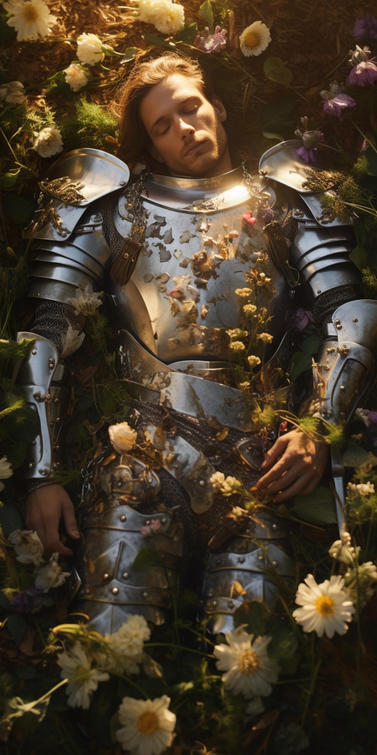ed Medieval knight lying in a flowering meadow, arrows stuck in his armor, top view, full-length body with separation, contrasting lighting of the setting sun