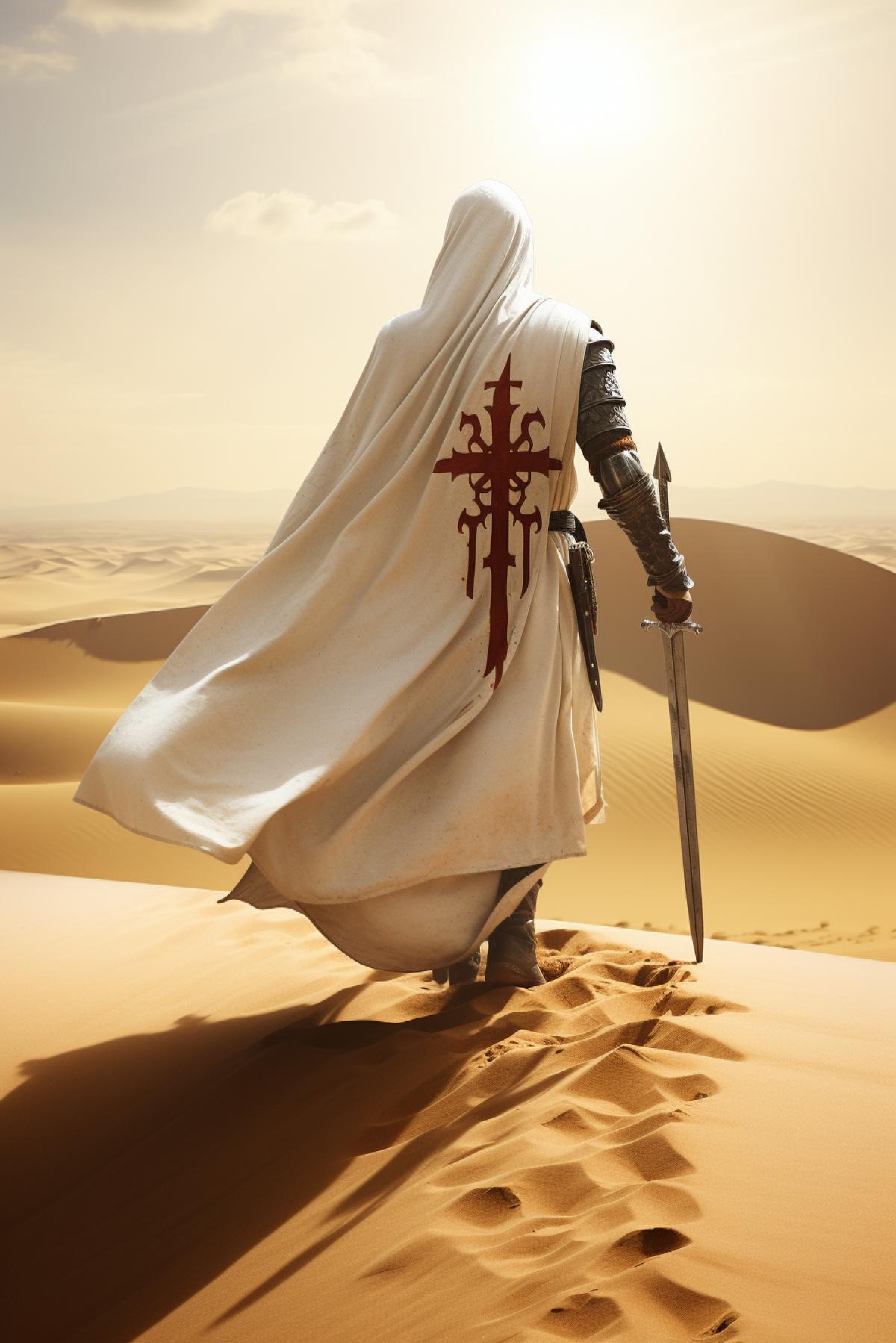 Knight Templar walking through the desert strong wind fluttering his cloak, background sand dunes, lighting the sun at its zenith, unbearable heat