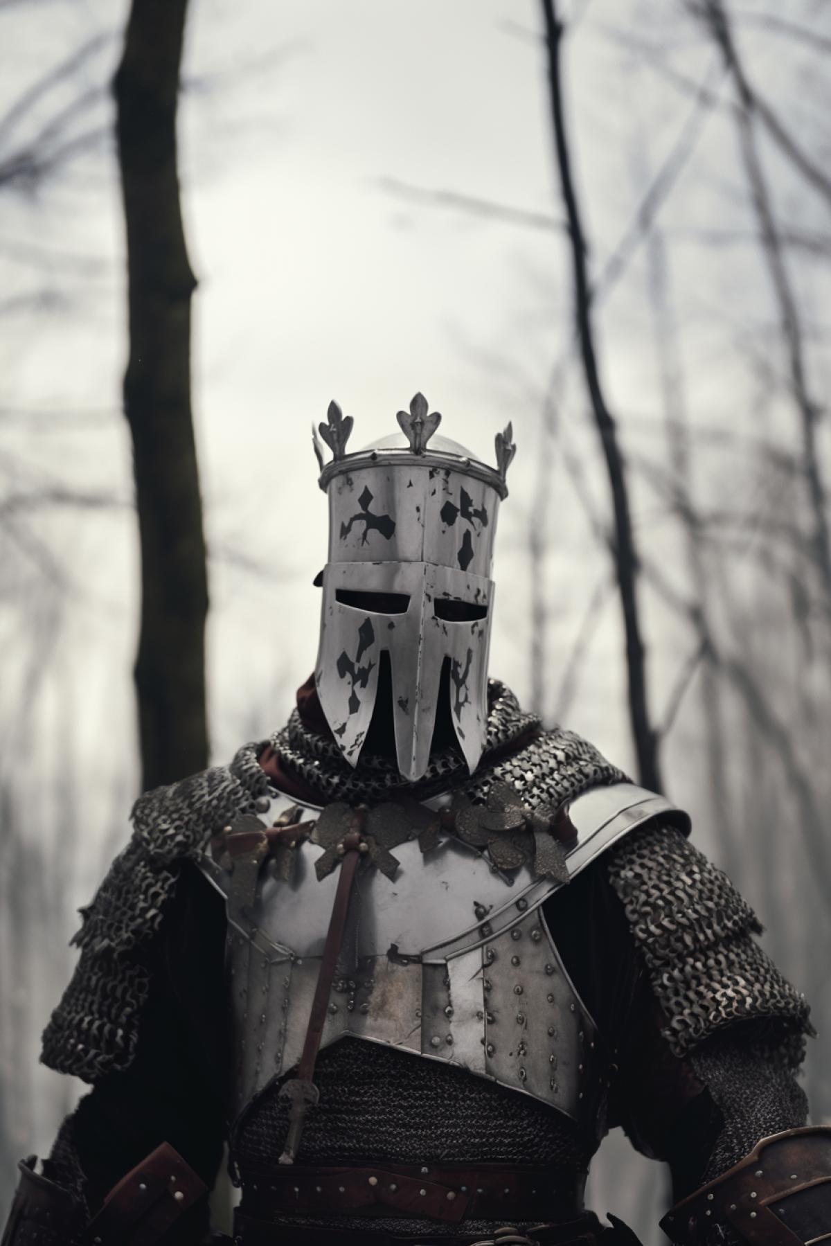 Knight of the Teutonic Order with steel crown on his helmet against winter forest, low color saturation, overcast lighting, high definition, 8k