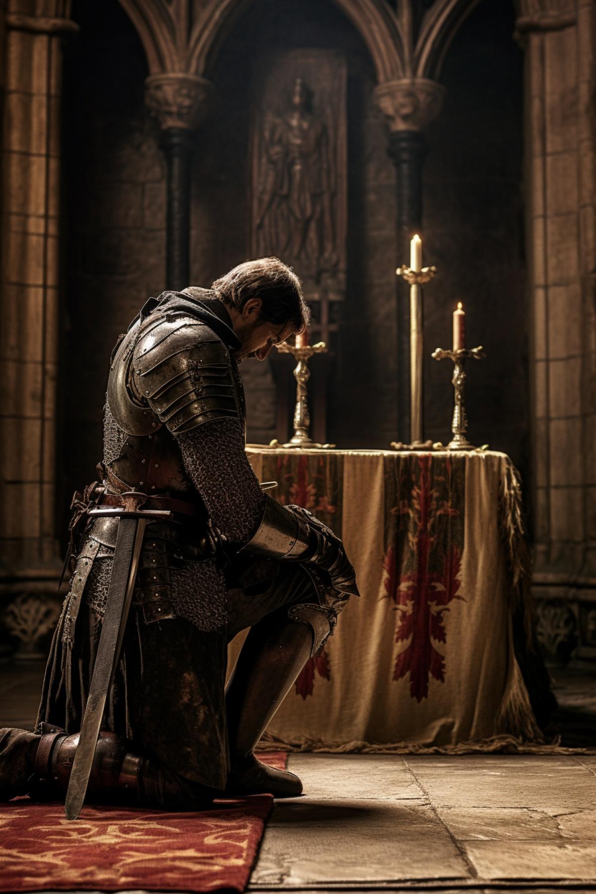 Dedication of the medieval knight standing on one knee by touch of a sword castle interior