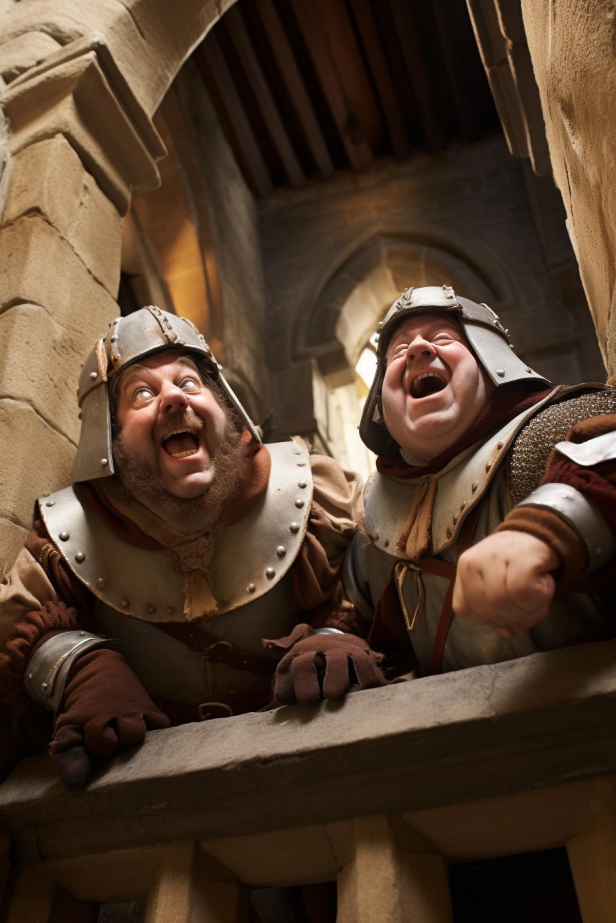 Two Dwarfs big heads wearing medieval knight armour fighting each other to make fun for the king in the medieval castle hall high windows  fun humour irony