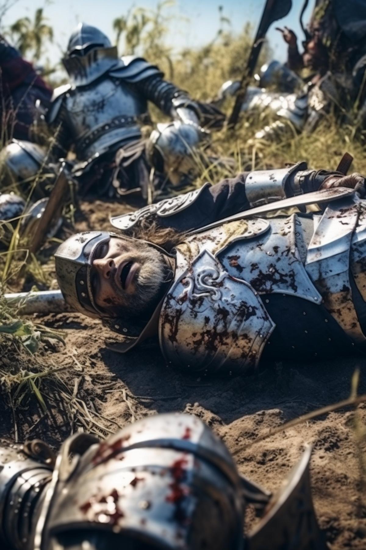 Medieval battle field after the fight dozens bodies of knights sunny summer day one alive ed knight in the middle of com4k
