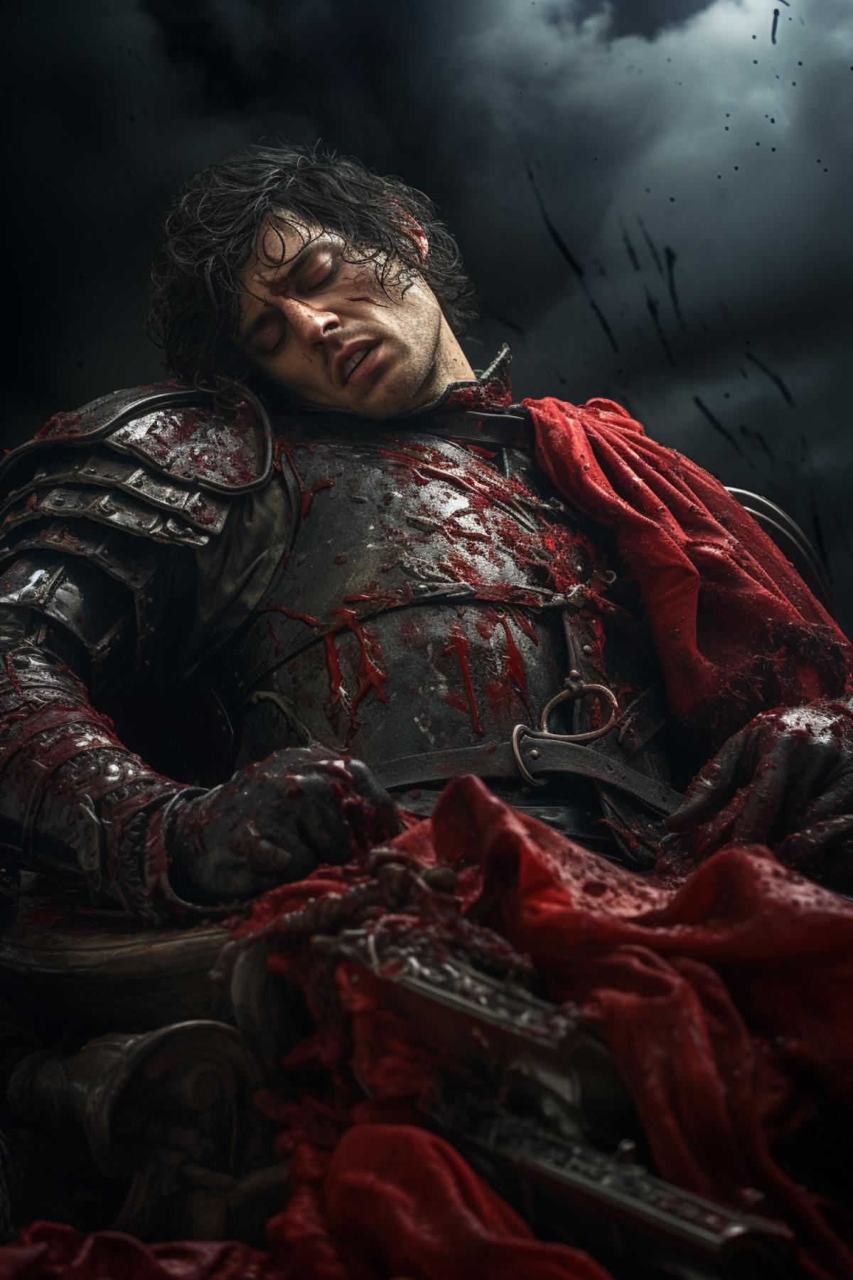 ed, dying medieval knight in battle-scarred armor, lying on a red liquid-soaked battlefield, clutching a tattered banner. Overcast skies, dramatic lighting, cinematic, high detail, desaturated colors, in the style of Francisco Goya.
