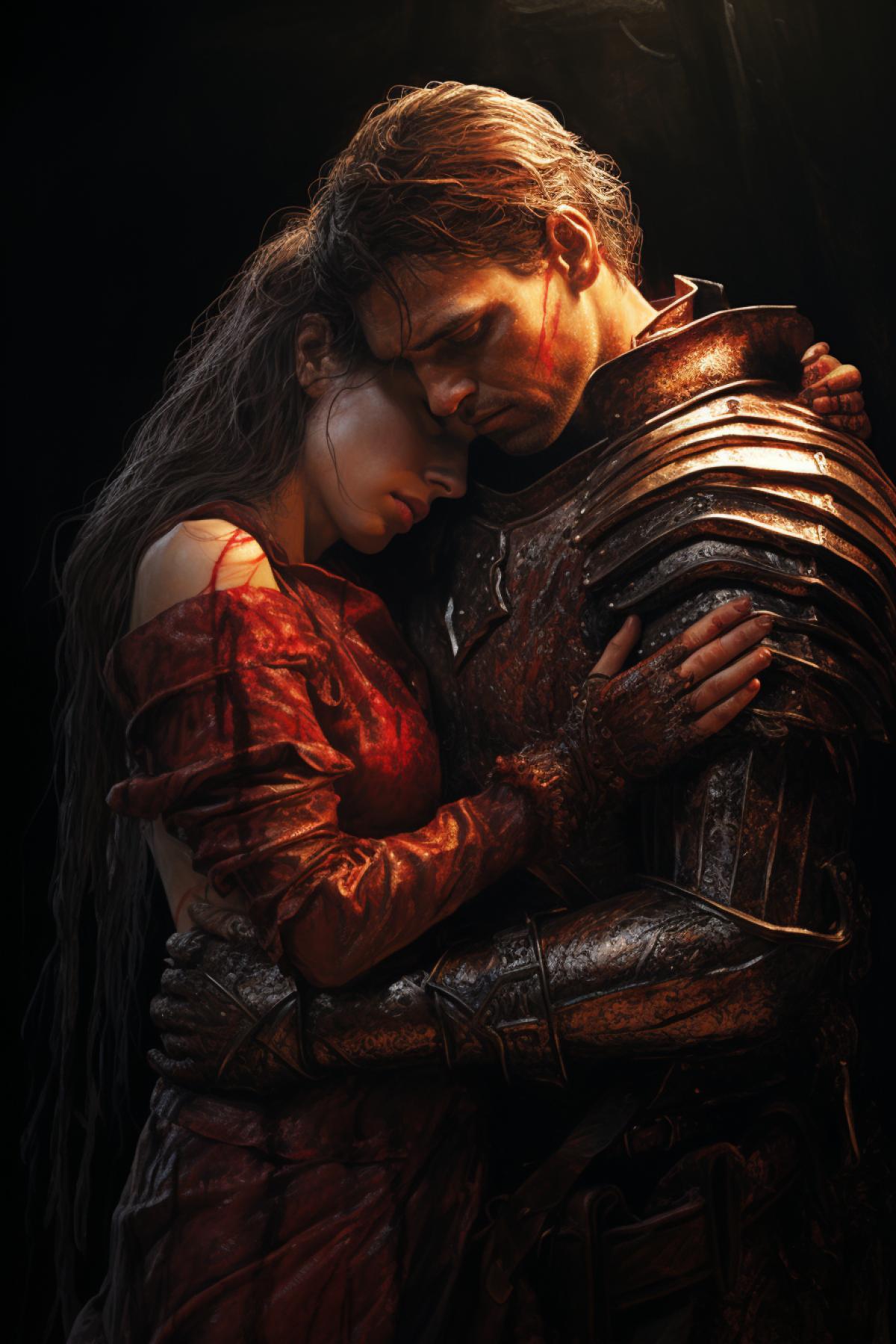 An old, ed and dying medieval knight, covered in red liquid, cradled in the arms of a maiden, his armor tarnished and battered. The setting sun casts a warm, somber glow over the scene, creating a poignant atmosphere reminiscent of classic Renaissance paintings.