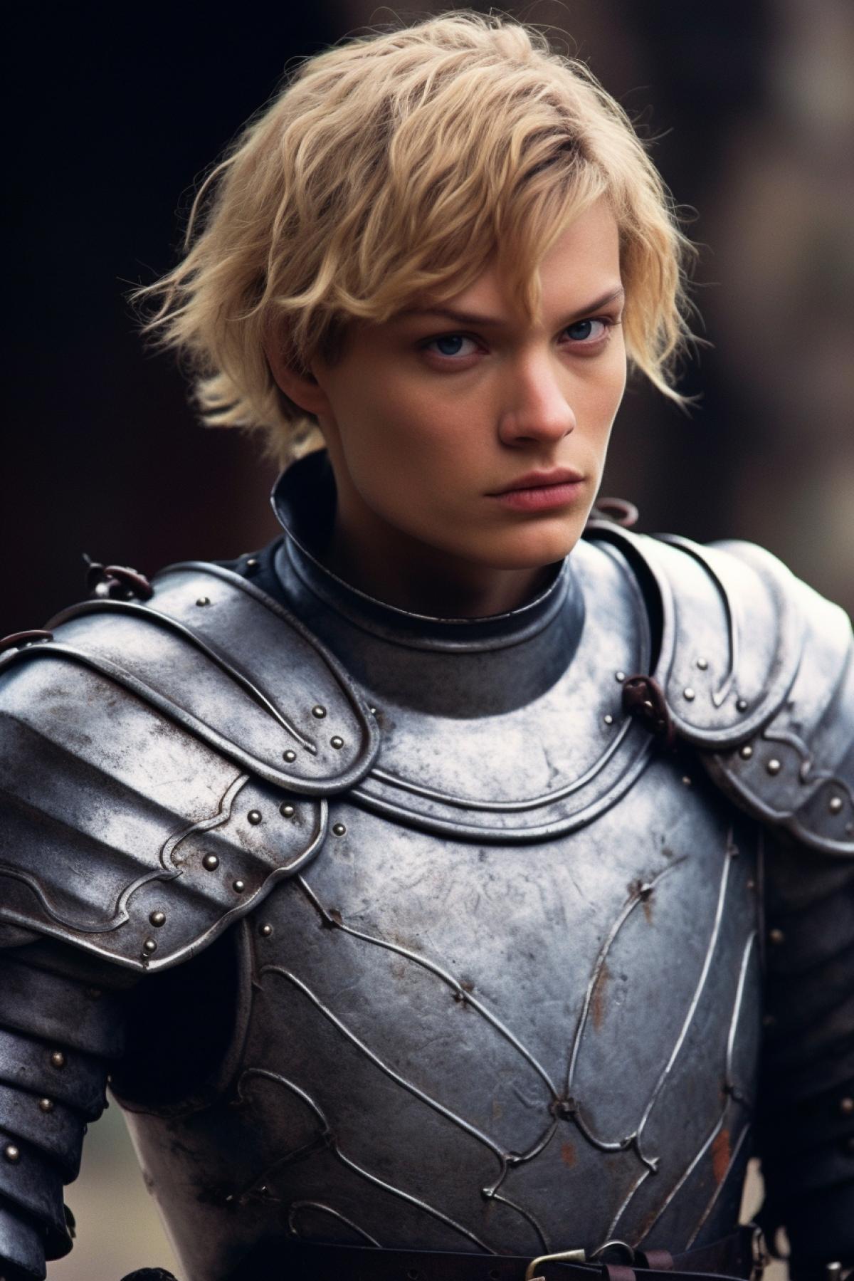 Beautiful Jeanne dArc with a very short haircut in knights armor against a French village background