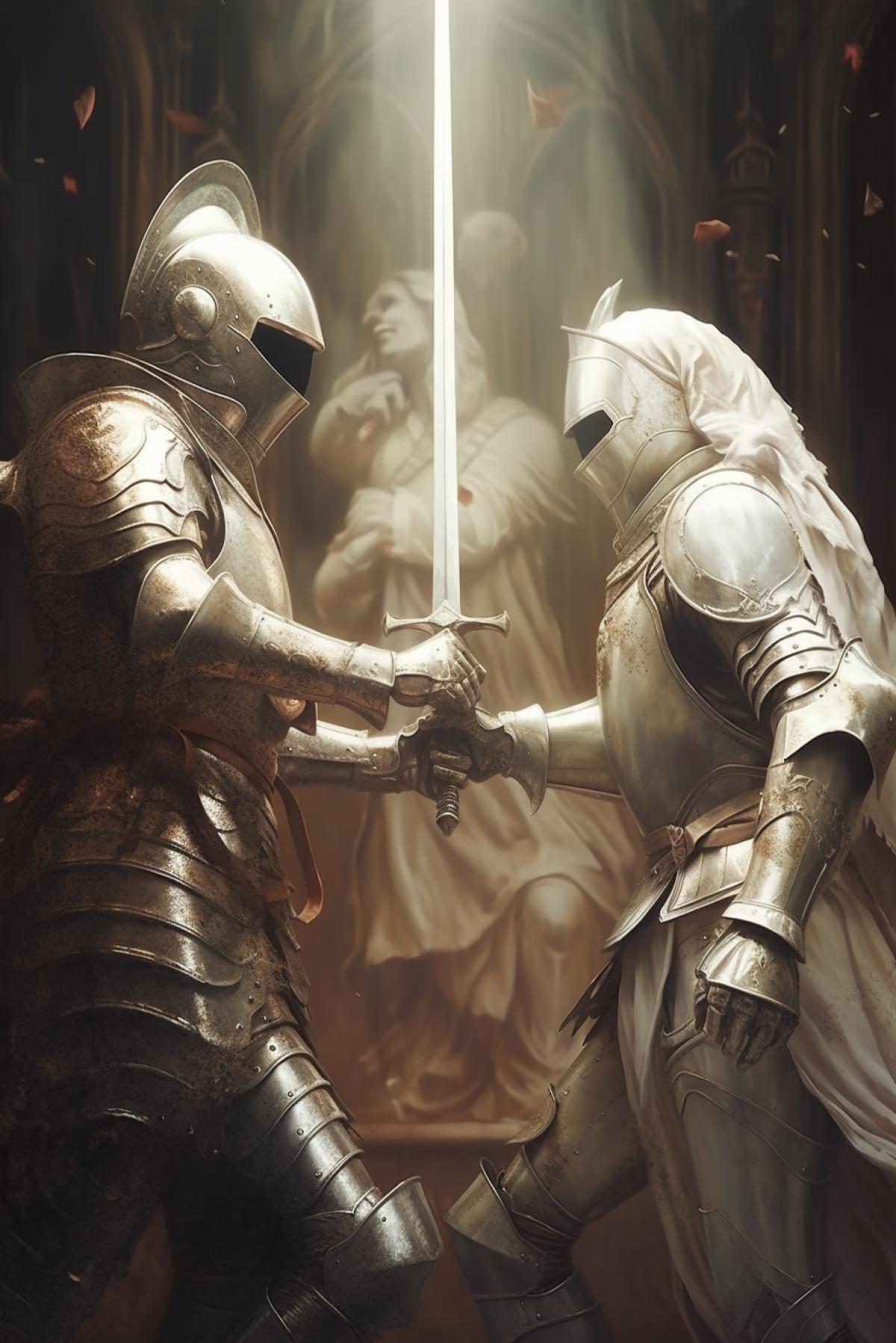 the struggle of good and evil, a knight in white armor with a sword defends himself from a knight in dark armor, art deco style, photorealism