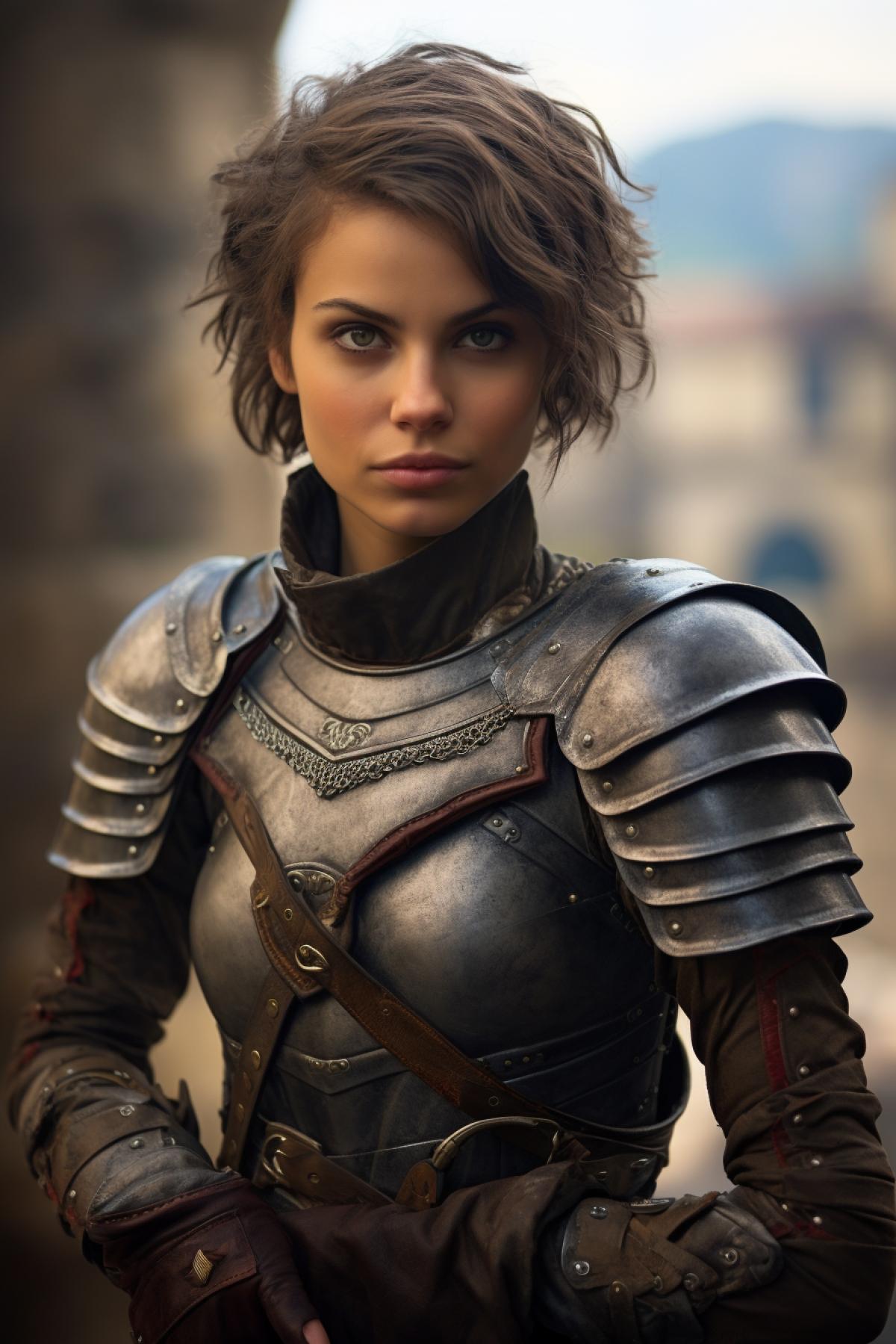Beautiful Jeanne dArc with a very short haircut in knights armor against a French village background