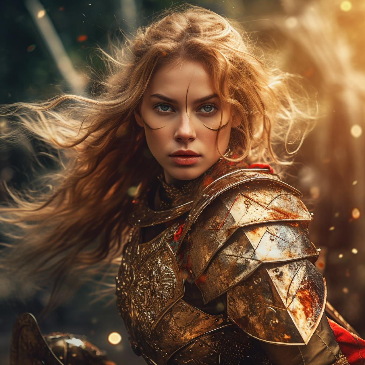 luxury girl knight in battle, bright and rich colors, emotions, photography
