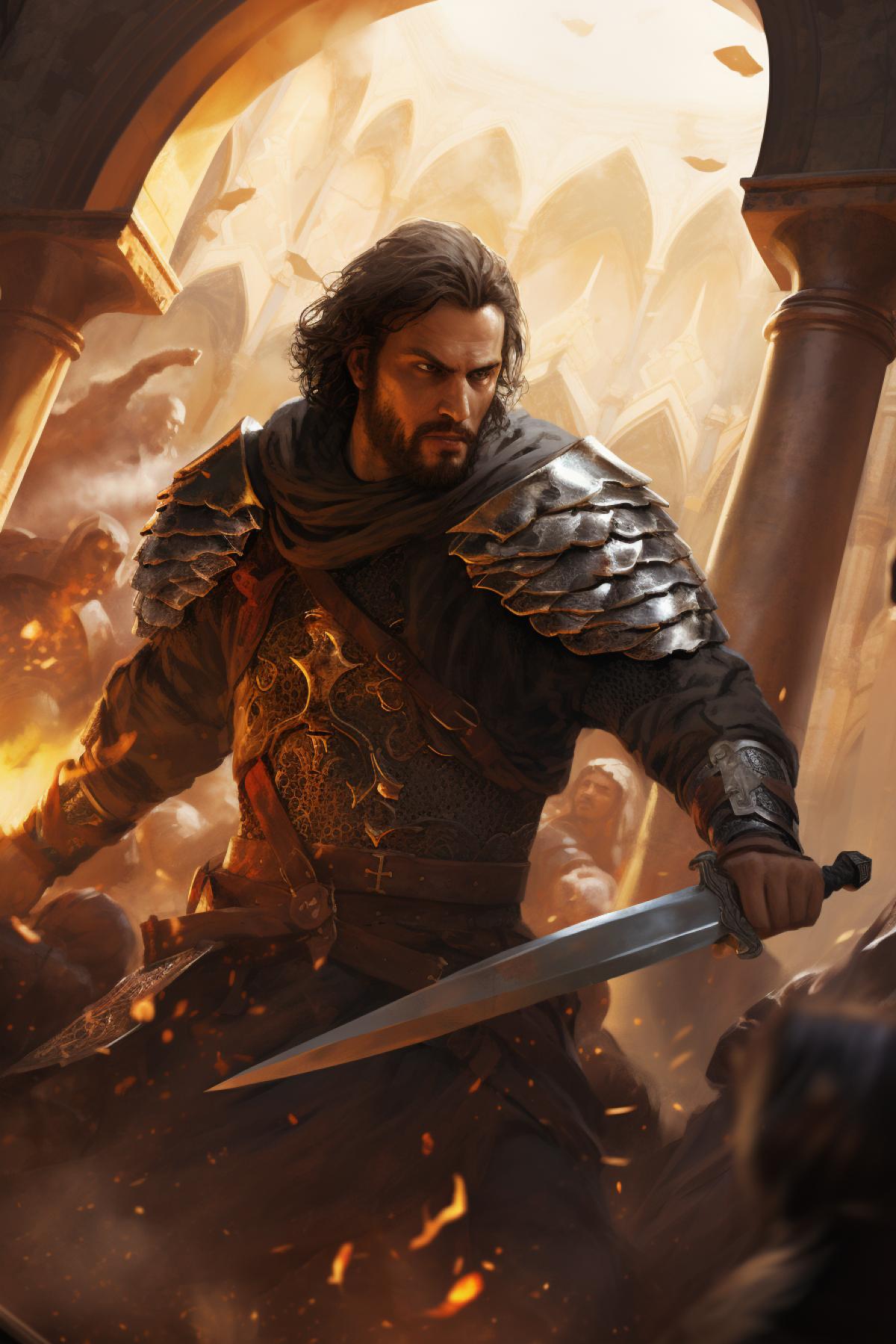 Middle Ages, male knight, short hair, beard, dark hair and beard, dressed in knights armor, attacks an Arab mosque