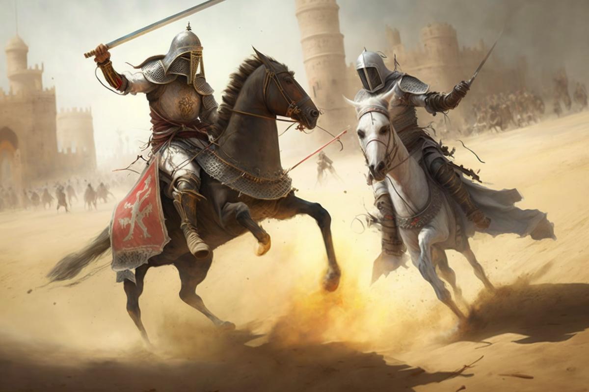 The battle of a Saracen horseman and a mounted knight-templar in the desert at the gates of the Saracen city