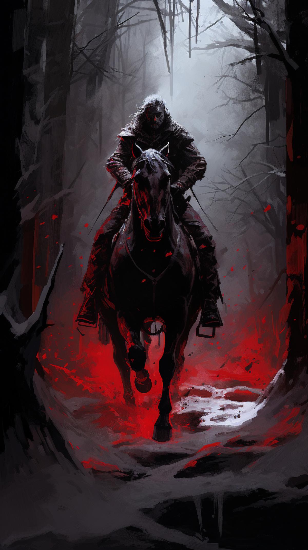 ed knight on a dark horse, red liquid dripping on white snow, forest, winter, noir, CG art speed pain