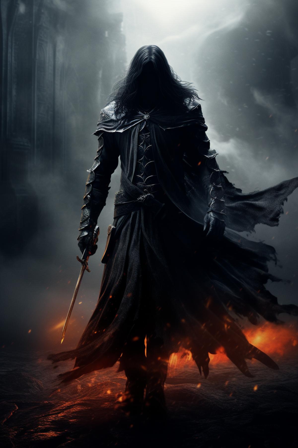 A devilish medieval knight in dark armor, a long dark cloak fluttering in the wind, long dark hair, epic, realistic, atmospheric