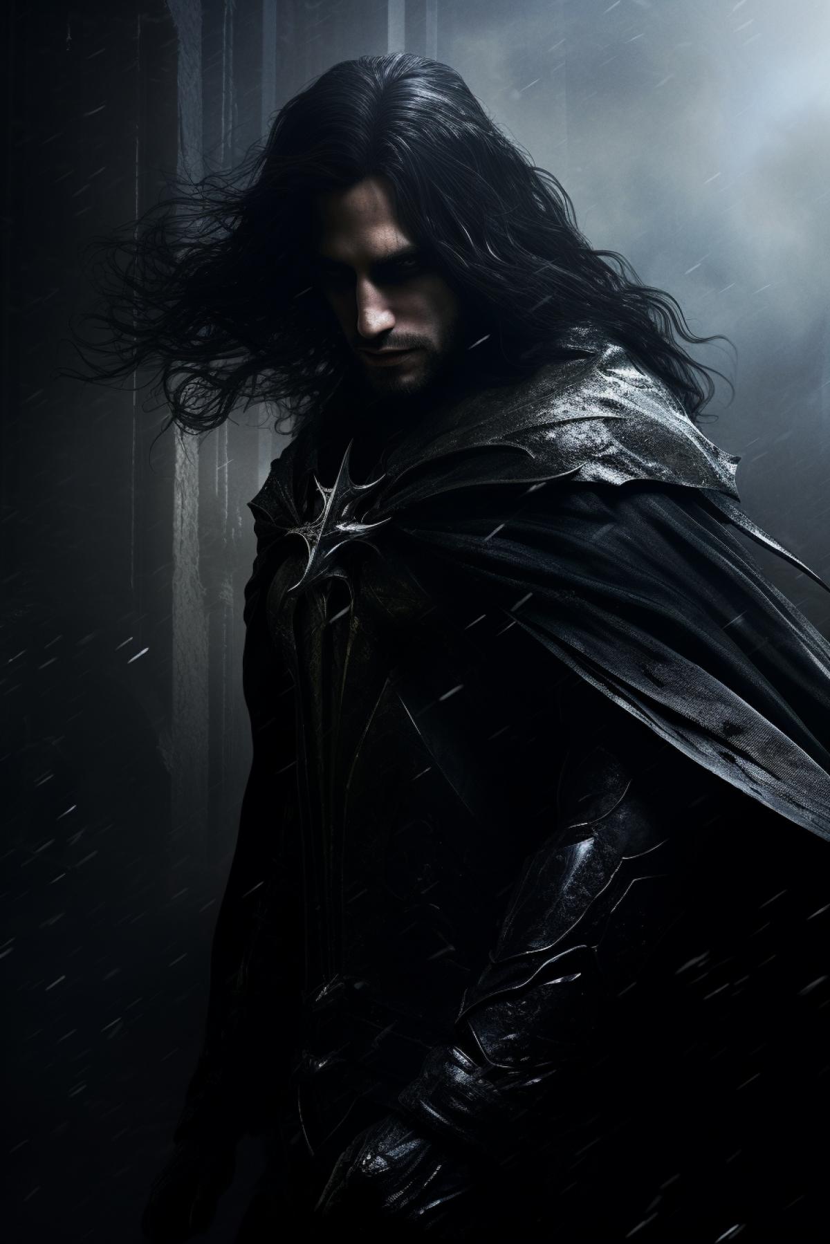 A devilish medieval knight in dark armor, a long dark cloak fluttering in the wind, long dark hair, epic,hyper realism, atmospheric