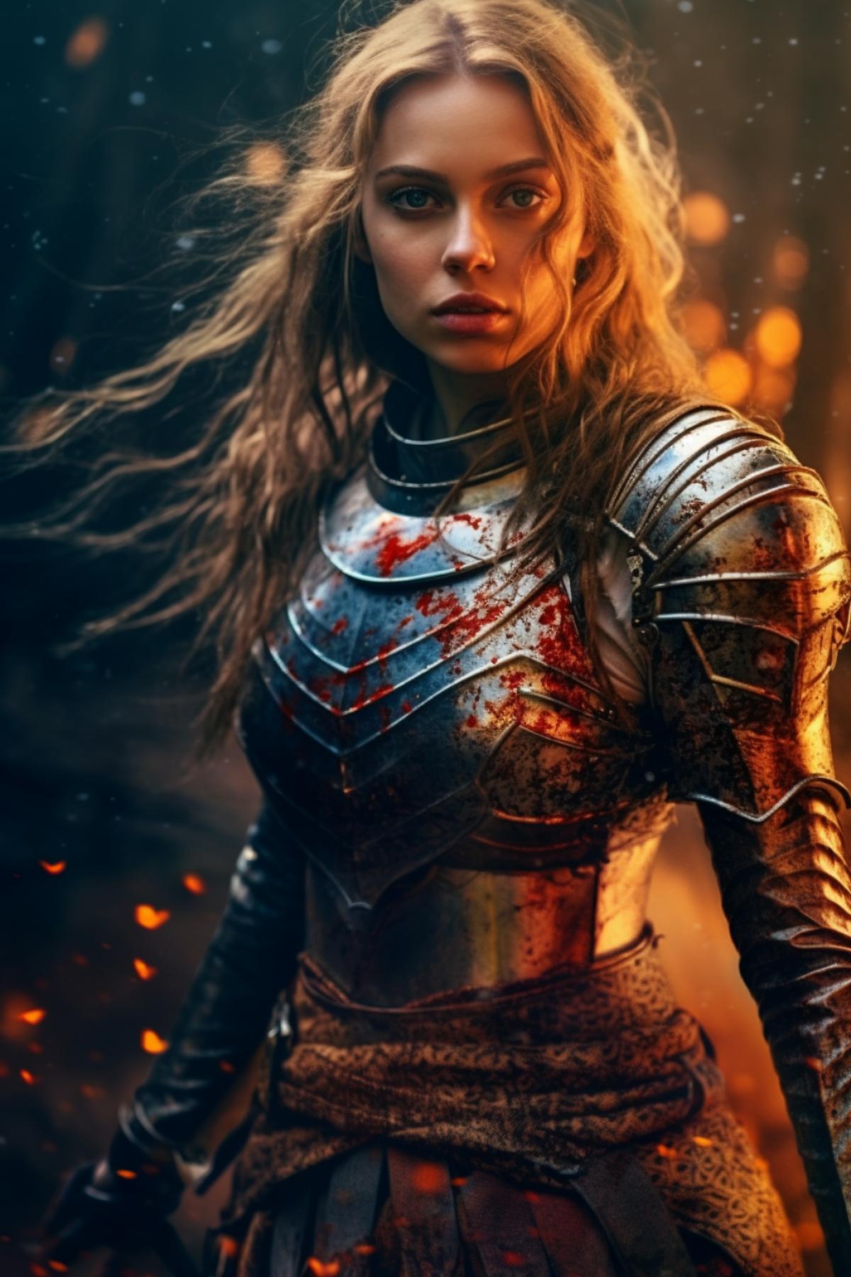 luxury girl knight in battle, bright and rich colors, emotions, photography