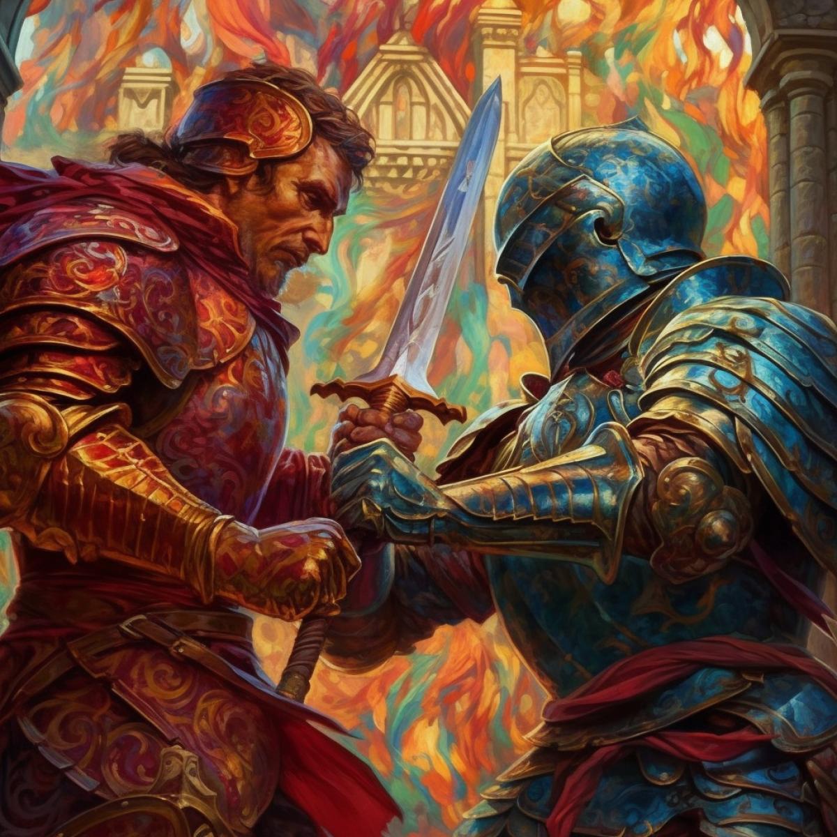 Medieval knight, duel, bright and rich colors