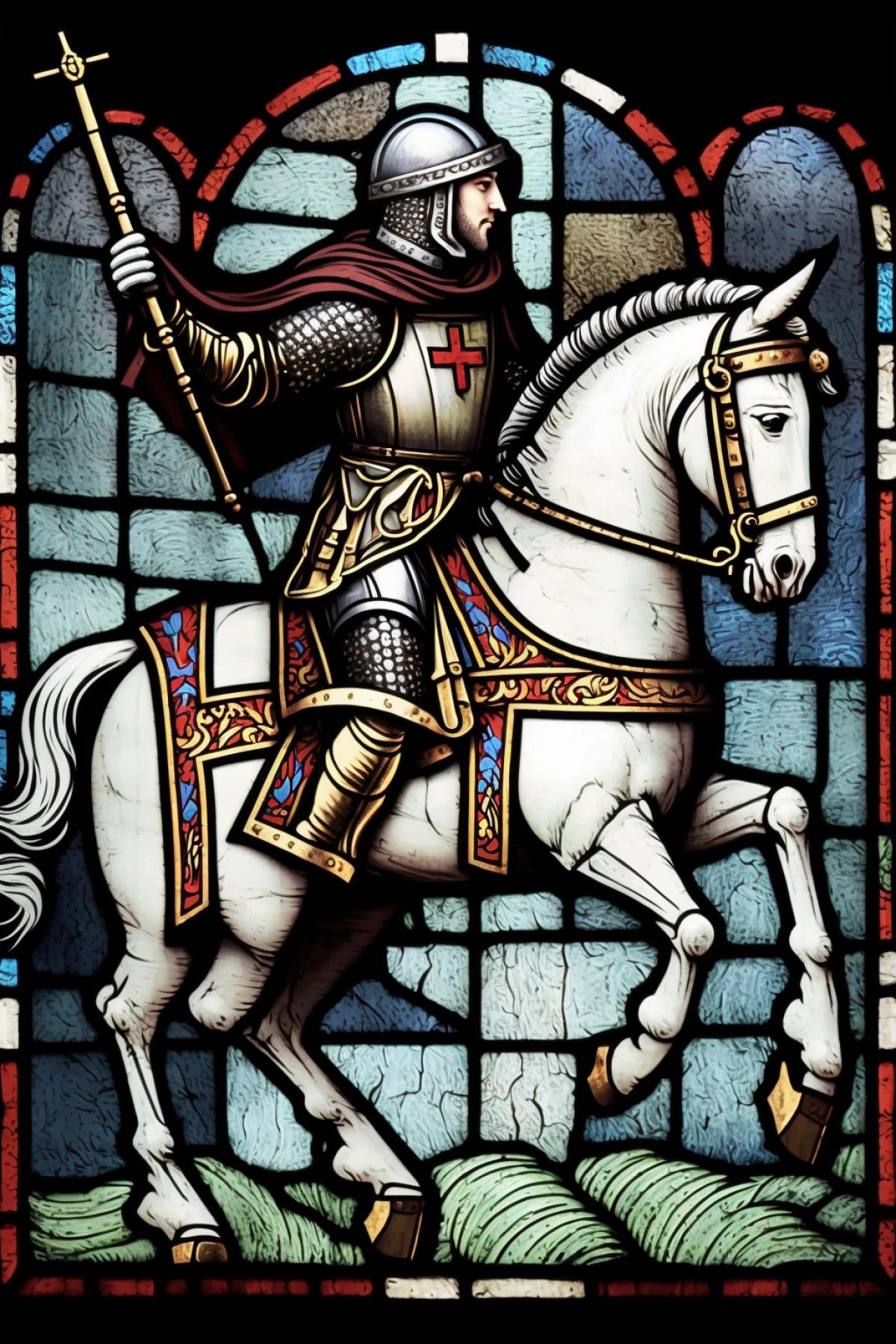 Templar knight on horseback, in full armor, with a sword in raised hand, stained glass